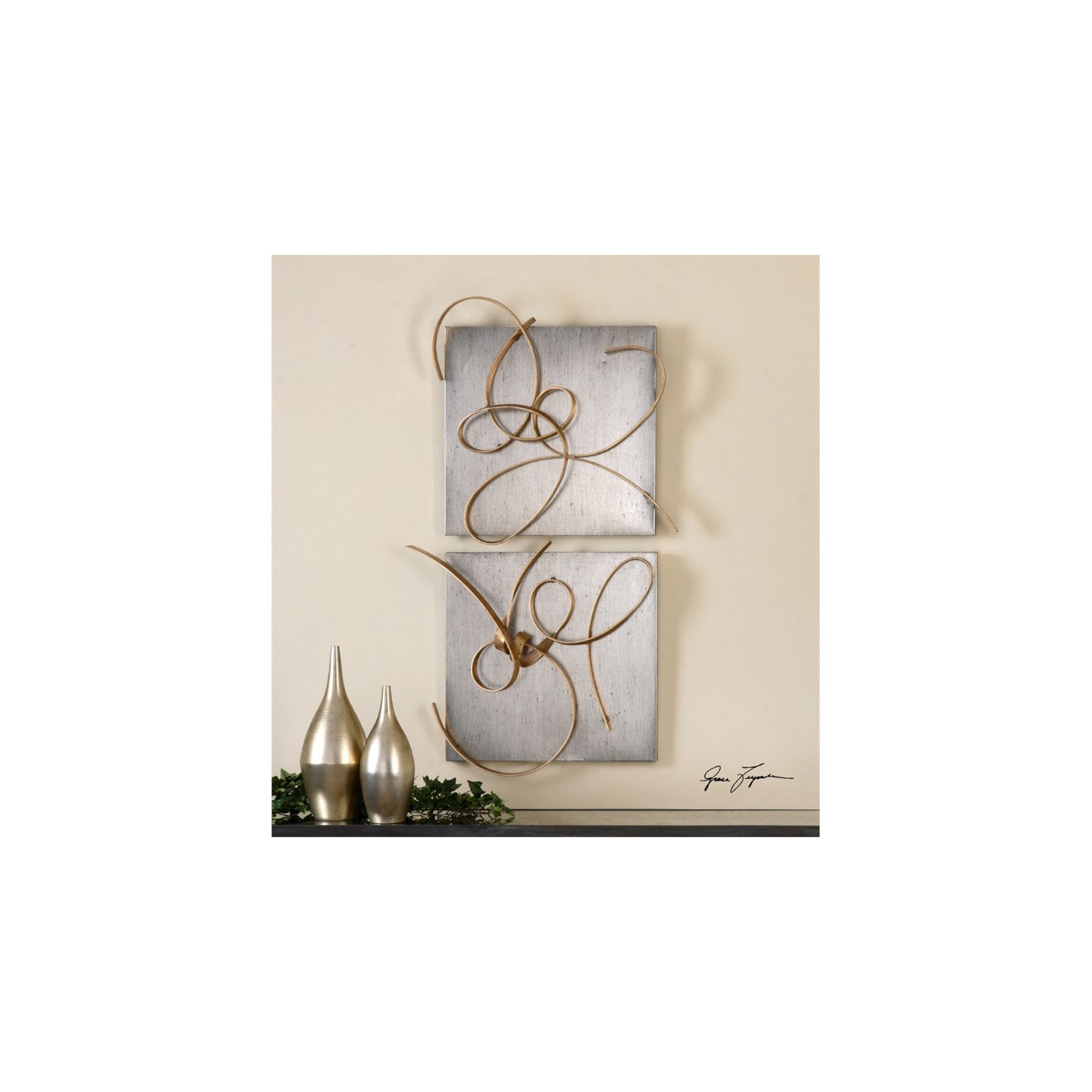 Uttermost Harmony 2 Piece Metal Wall Art Set in Burnished Silver Leaf