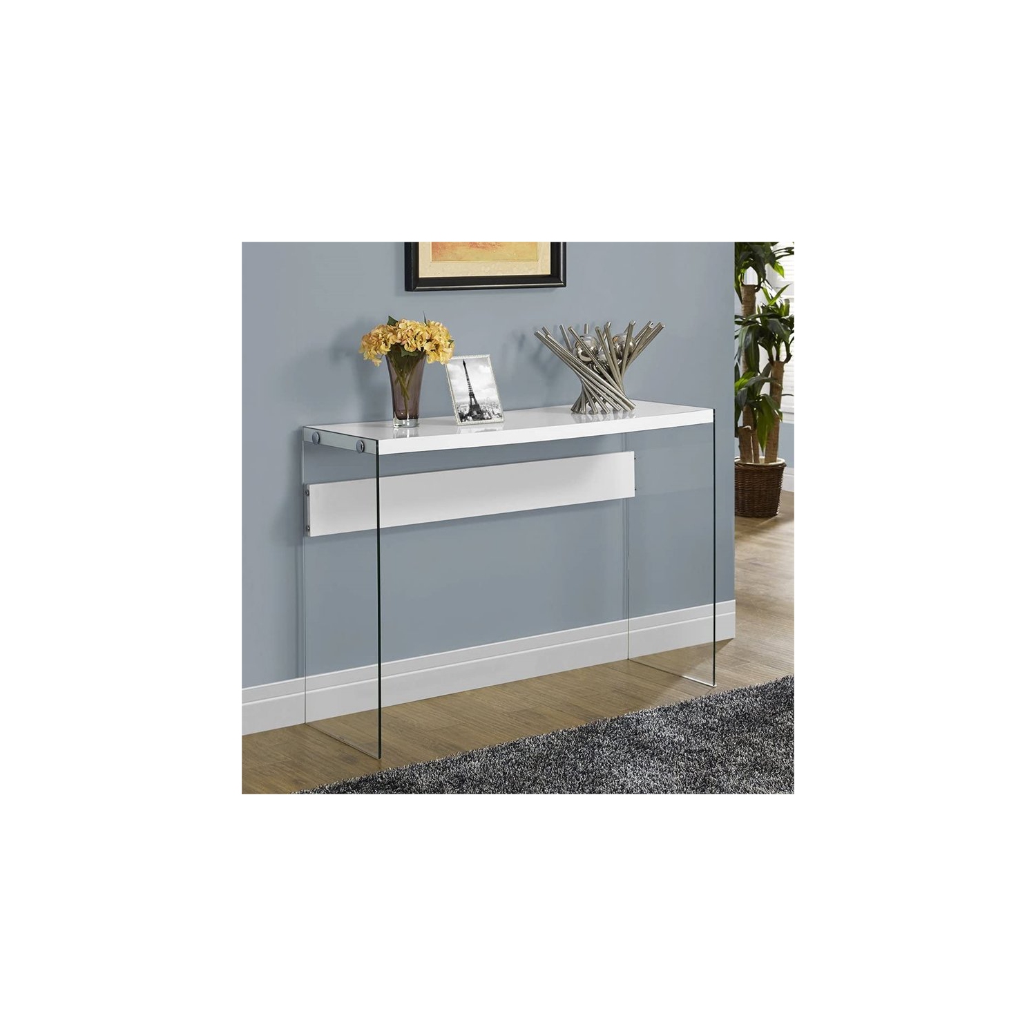 Console d’appoint console étroite sofa en verre trempé blanc lustré