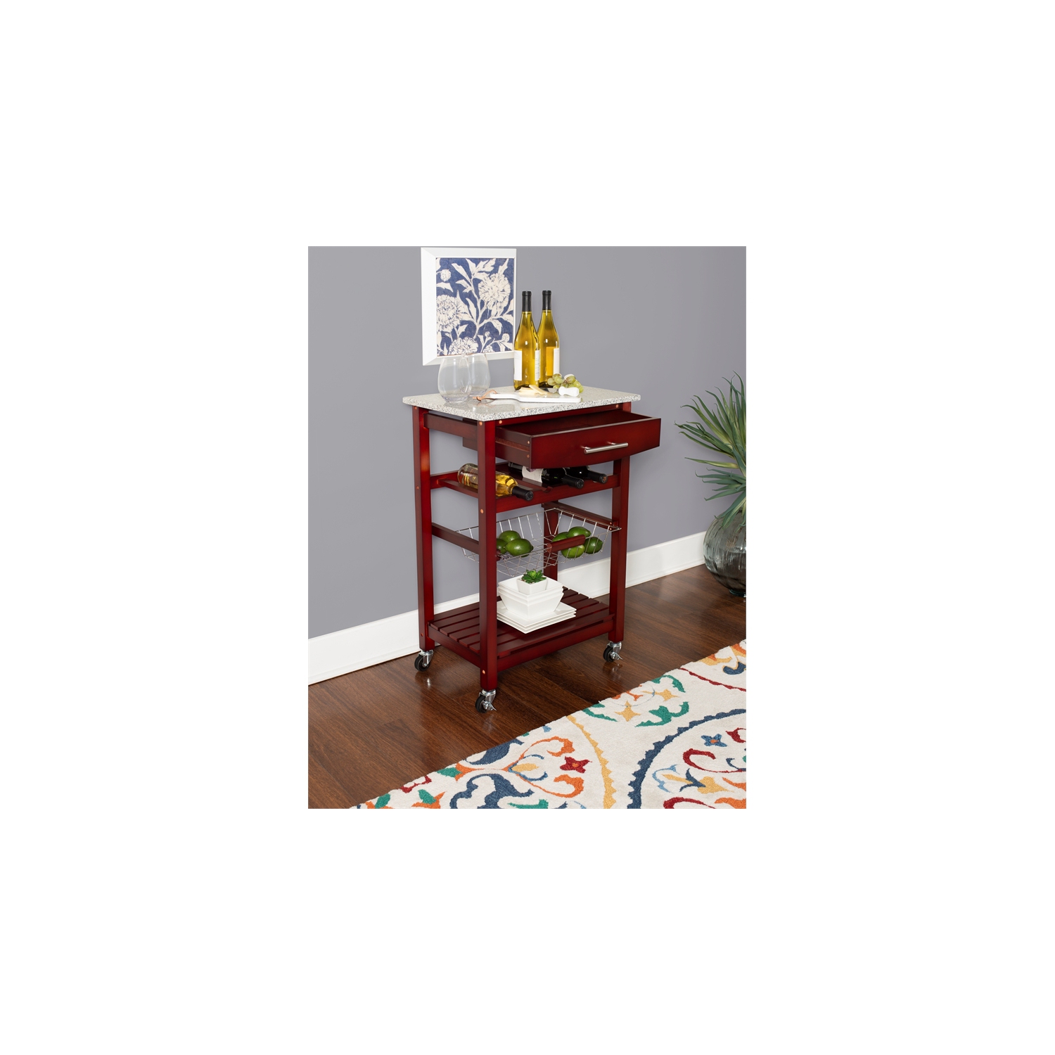 Linon – Chariot de cuisine en bois et en granite Natalie, brun wengé