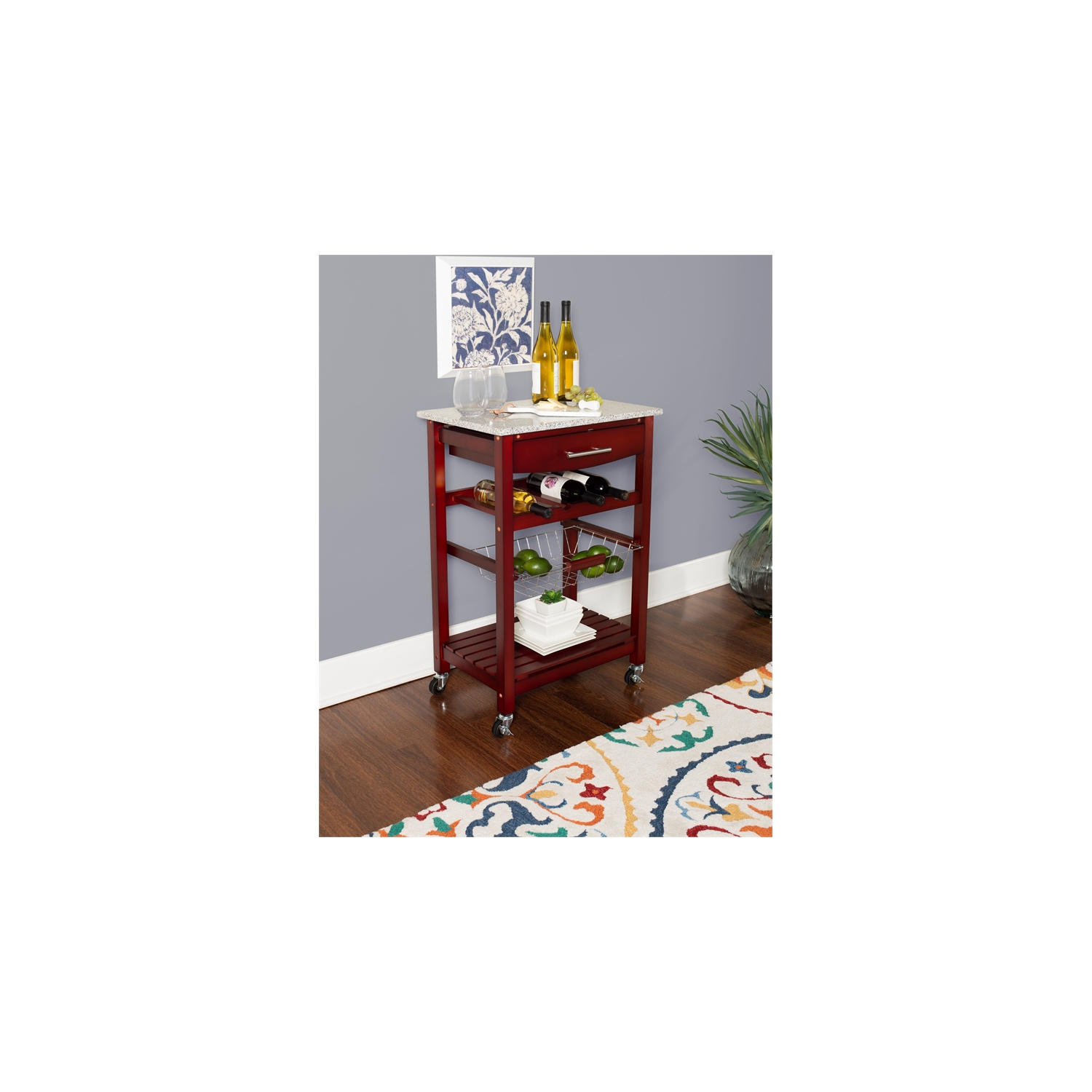 Linon – Chariot de cuisine en bois et en granite Natalie, brun wengé