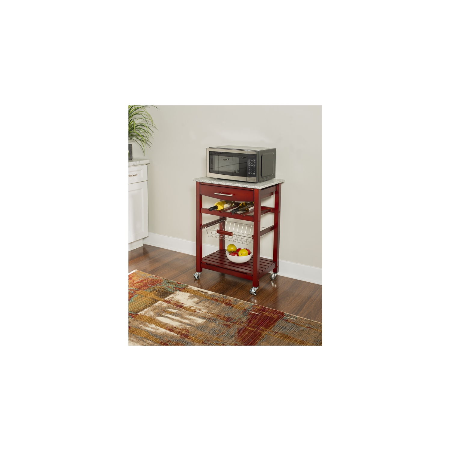 Linon – Chariot de cuisine en bois et en granite Natalie, brun wengé