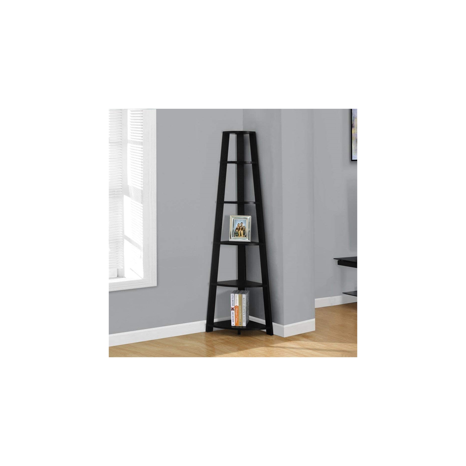 Étagère en coin à 5 niveaux de 72 haut. pour chambre de bureau, fini stratifié noir