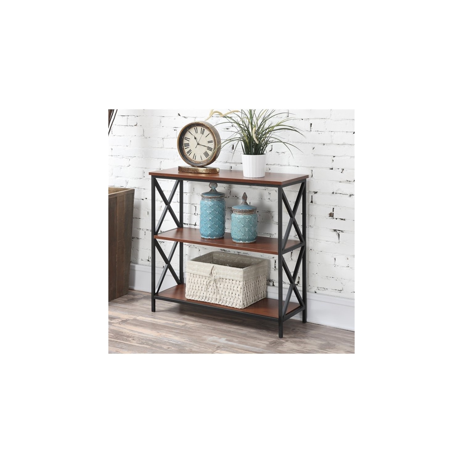 Tucson Three Tier Bookcase in Black Metal and Cherry Wood Finish