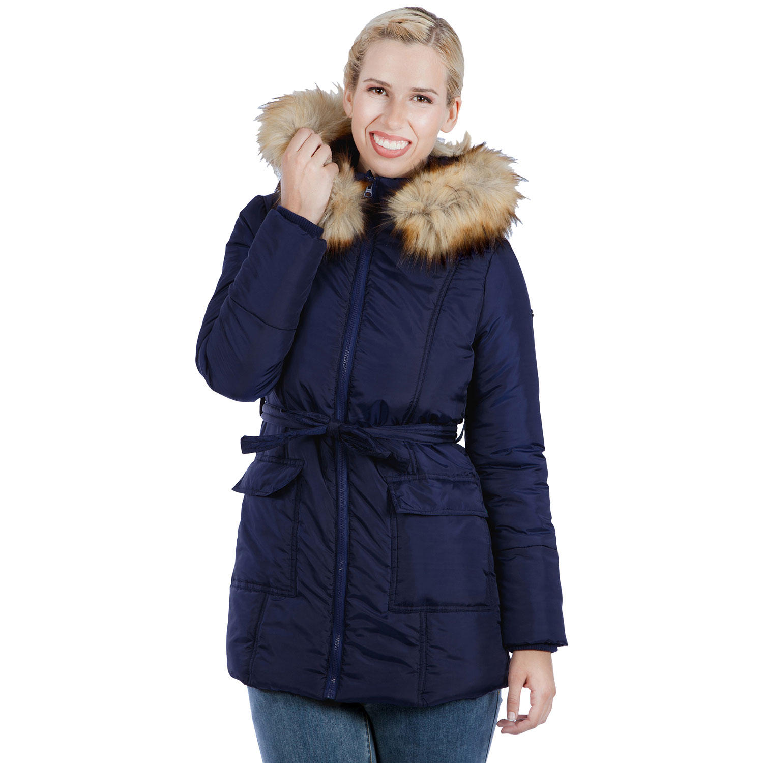 Modern Eternity Rachel Chevron Polyester Maternity Puffer Coat - Medium - Navy