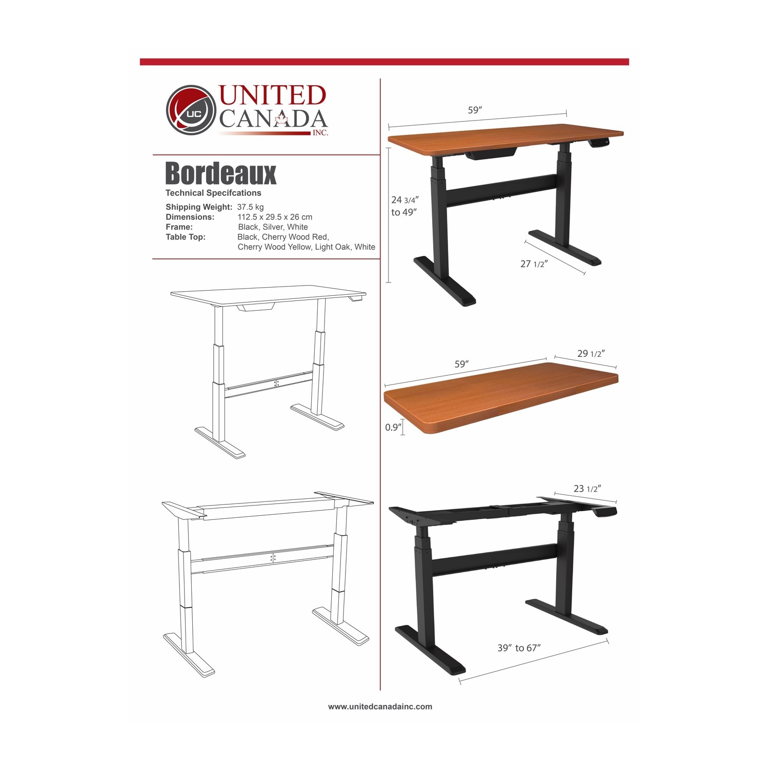 BORDEAUX Electric Standing Desk | Sit Stand Desk with Black Frame and CherryWood Yellow Top | Stand up Desk for Home & Office