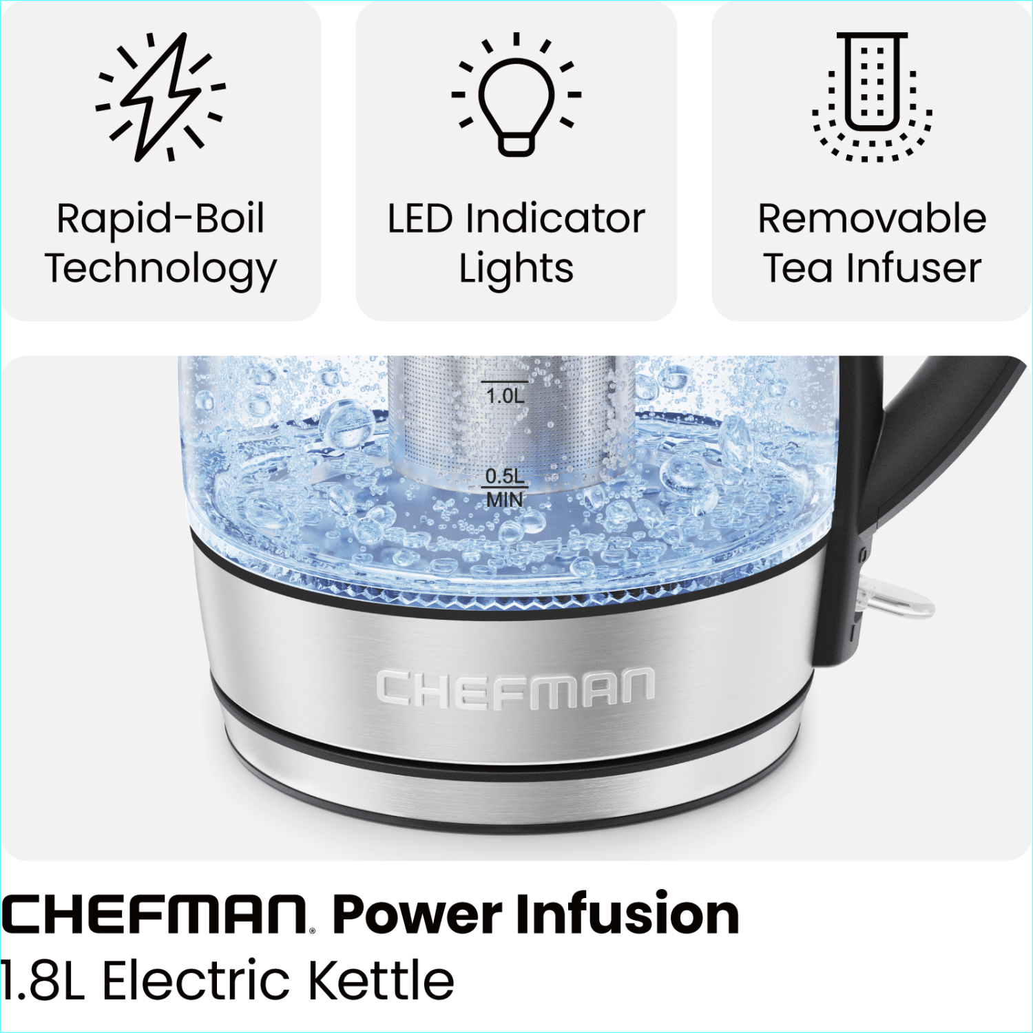 Chefman Fast-Boil 1.8L 1500W Glass Electric Kettle with Tea Infuser - Stainless Steel