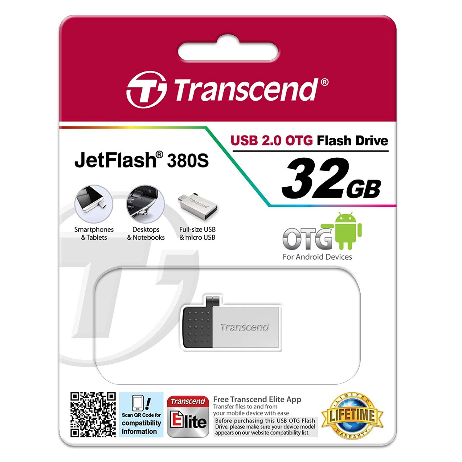 TRANSCEND JETFLASH 380 32GB USB 2.0 OTG FLASH DRIVE MODEL TS32GJF380S