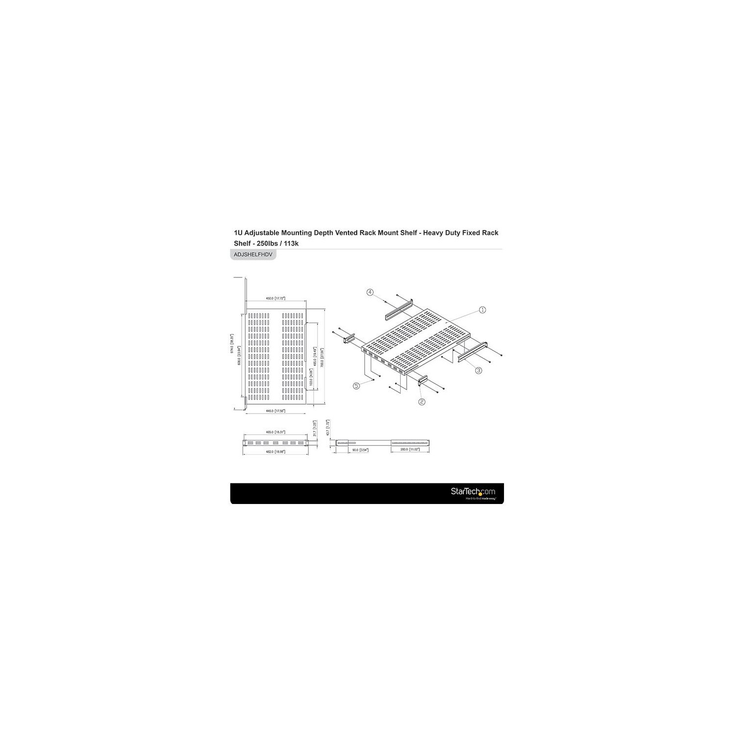 Startech 1U Adjustable Mounting Depth Vented Rack Mount Shelf