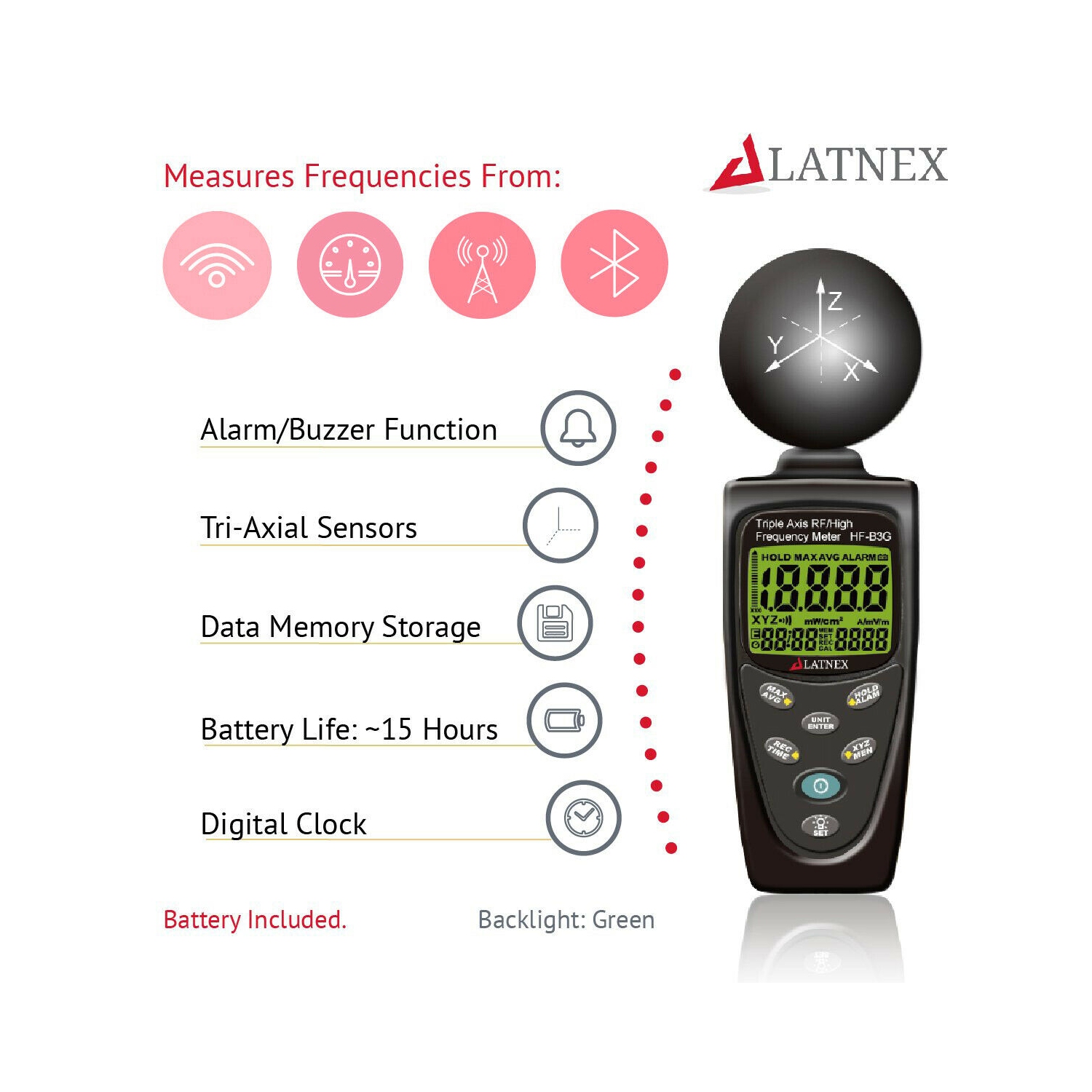 LATNEX® HF-B3G: Triple Axis RF/High Frequency Power Meter Analyzer & Detector Measures EMF Radiation-Cell Phones-Smart Meters-Cell