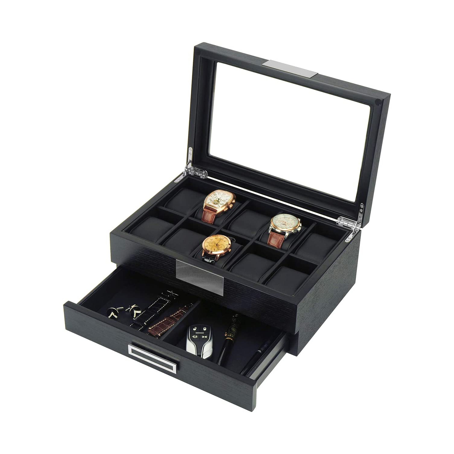 Boîte de rangement en bois noir de qualité supérieure pour montres avec tiroir range-tout …