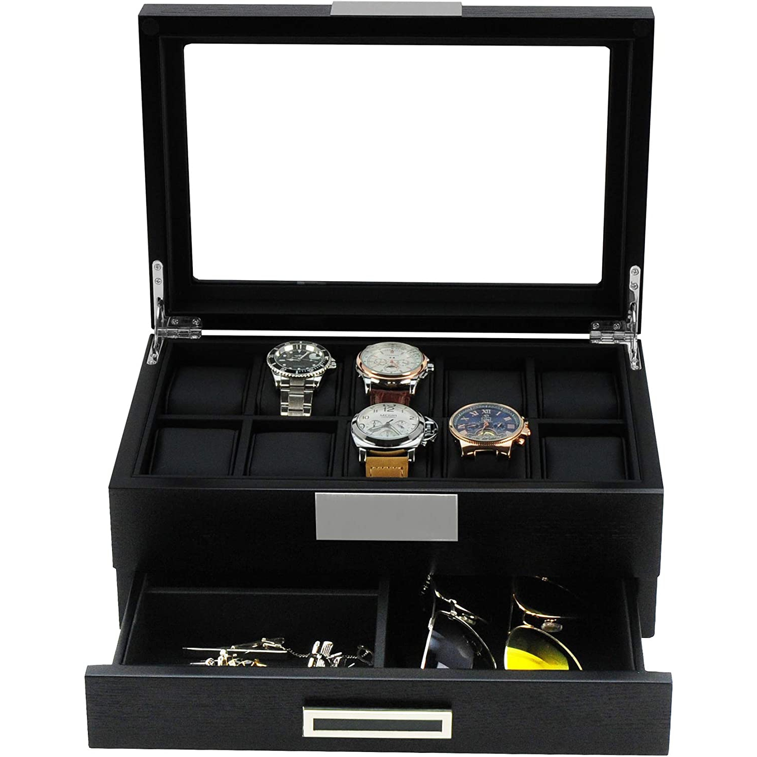 Boîte de rangement en bois noir de qualité supérieure pour montres avec tiroir range-tout …