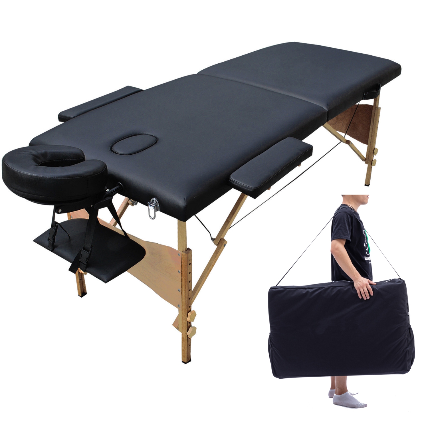 Kunova Super Stable Portable 2 Fold Massage Reiki Facial Table Bed (Black) Free Carrying Bag & Armrests (Black)