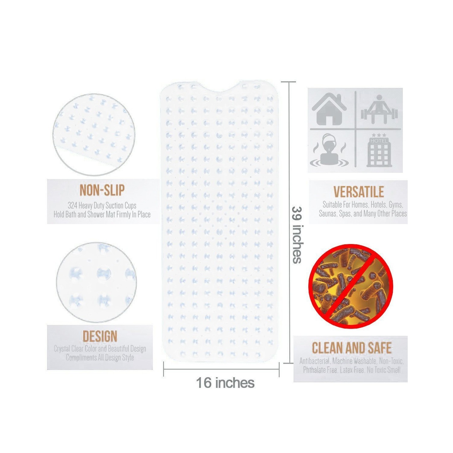 Dr. Health Anti-Bacterial Anti-Slip-Resistant Bath Room Shower Bathtub Bath Mat, 16" W x 39" L, Extra Long