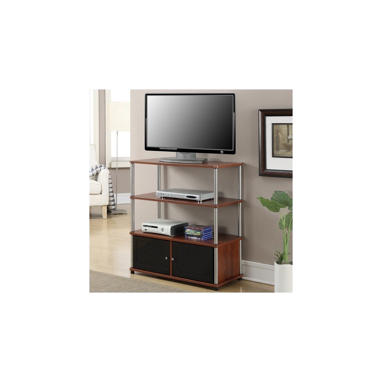 Convenience Concepts Designs2Go 34" 3 Tier Highboy TV Stand in Cherry