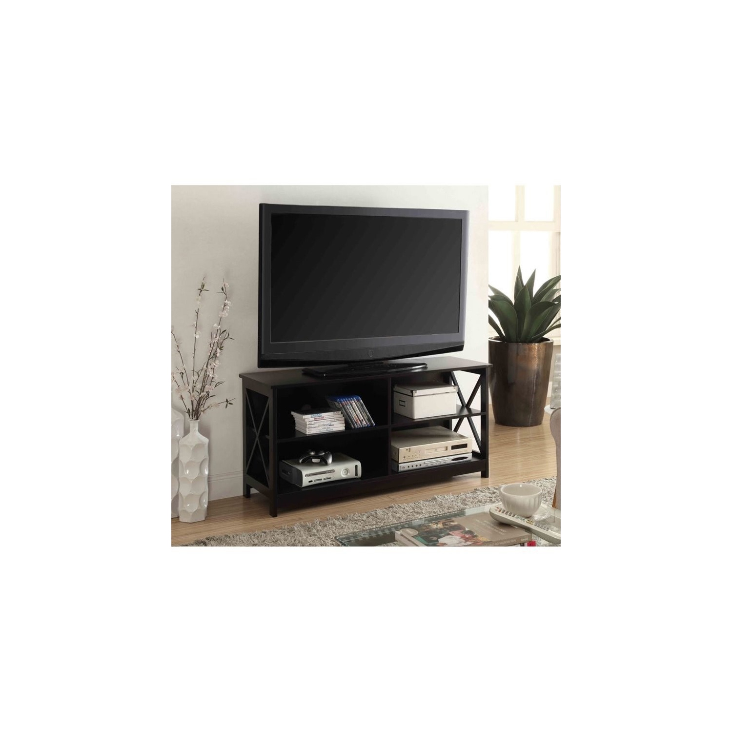 Convenience Concepts Oxford TV Stand in Black Wood Finish with Shelves