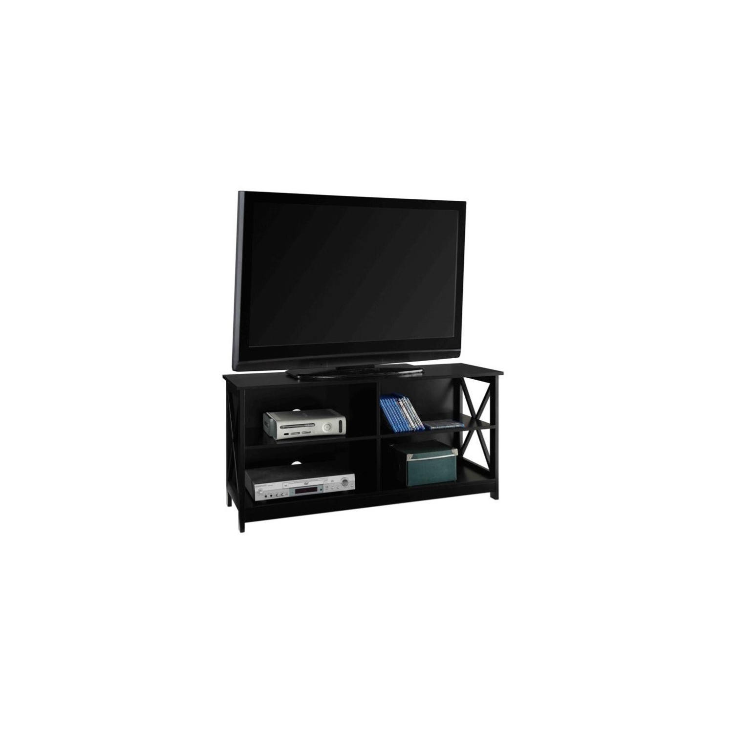 Convenience Concepts Oxford TV Stand in Black Wood Finish with Shelves
