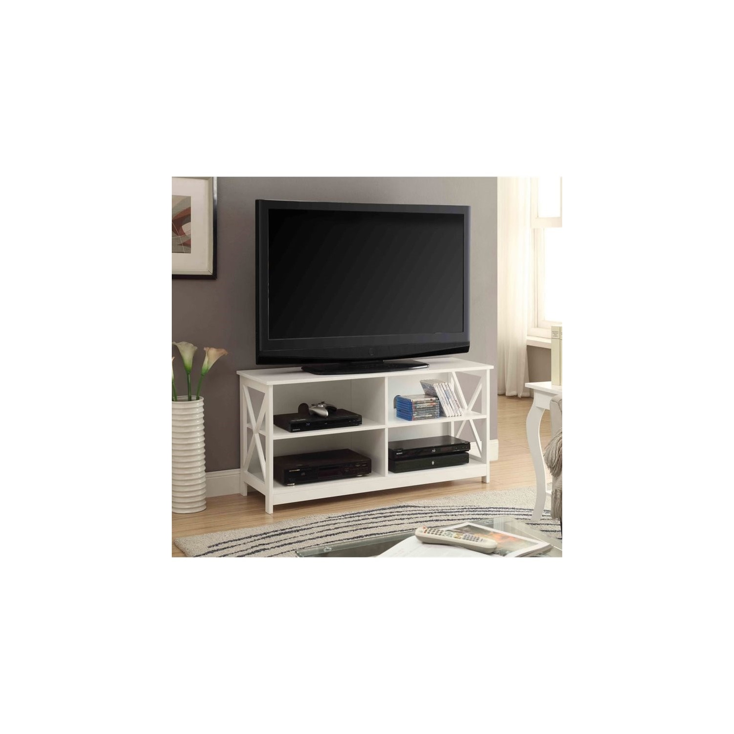 Convenience Concepts Oxford TV Stand in White Wood Finish with Shelves