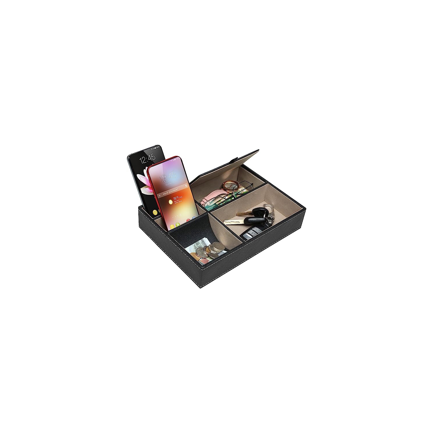 Commode avec plateau de rangement en similicuir noir pour téléphone, pièces de monnaie, montres, bijoux, clés et autres accessoires, 5 compartiments,