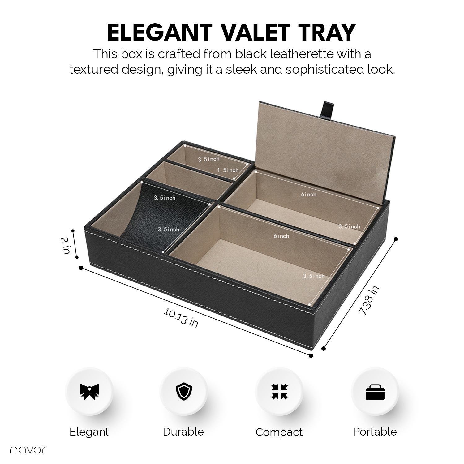 Commode avec plateau de rangement en similicuir noir pour téléphone, pièces de monnaie, montres, bijoux, clés et autres accessoires, 5 compartiments,