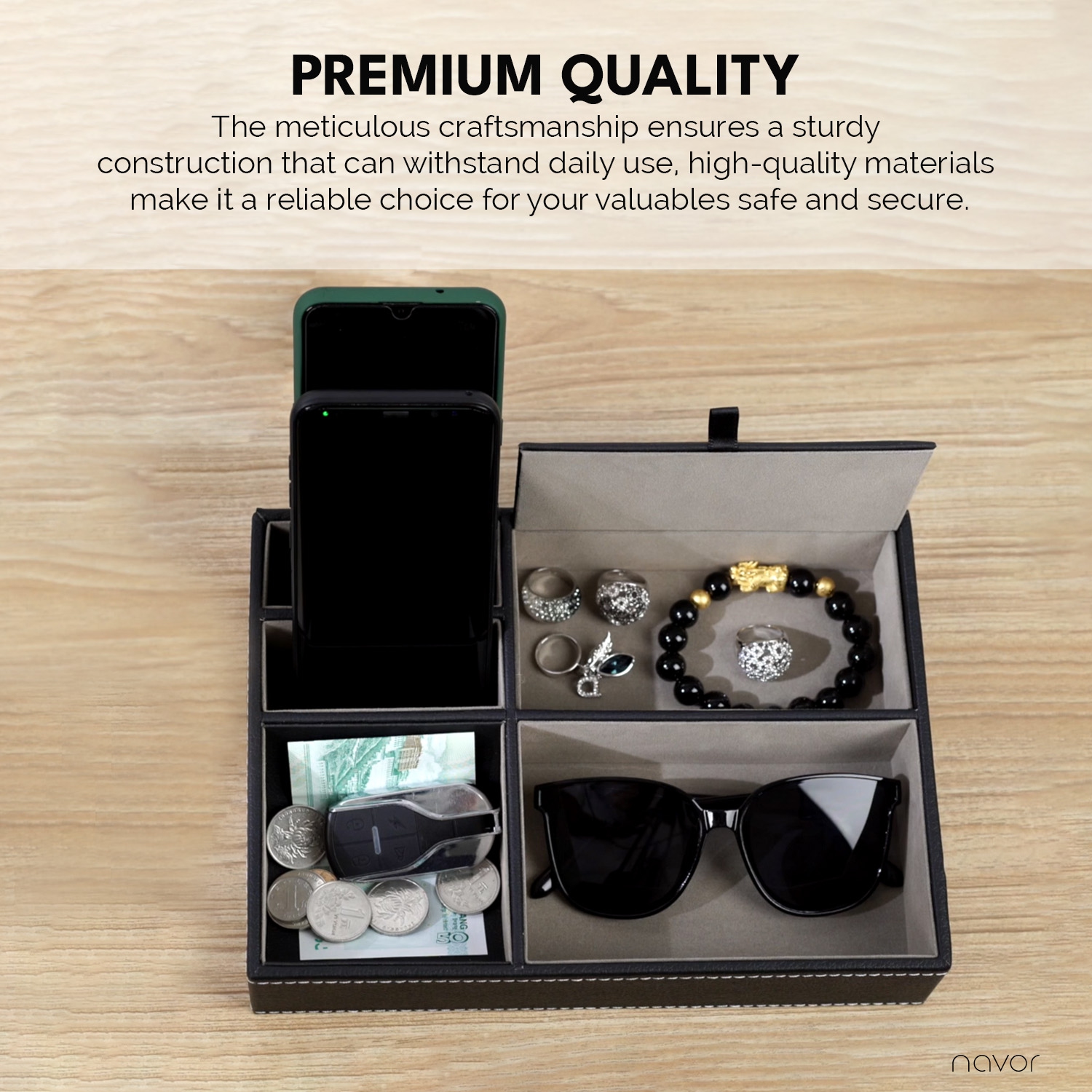 Commode avec plateau de rangement en similicuir noir pour téléphone, pièces de monnaie, montres, bijoux, clés et autres accessoires, 5 compartiments,