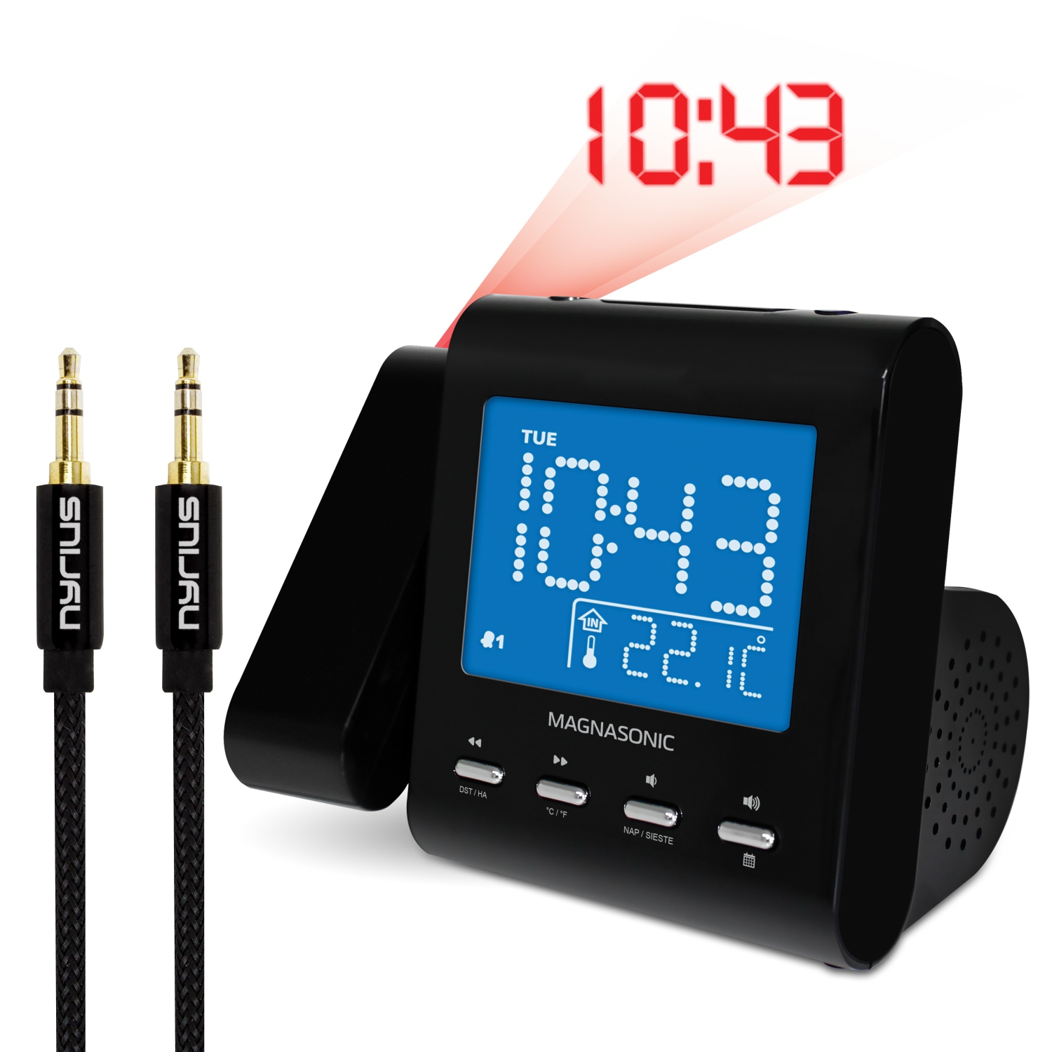 Magnasonic Projection Alarm Clock with AM/FM Radio, Battery Backup & Bonus 3.5mm Aux Stereo Cable