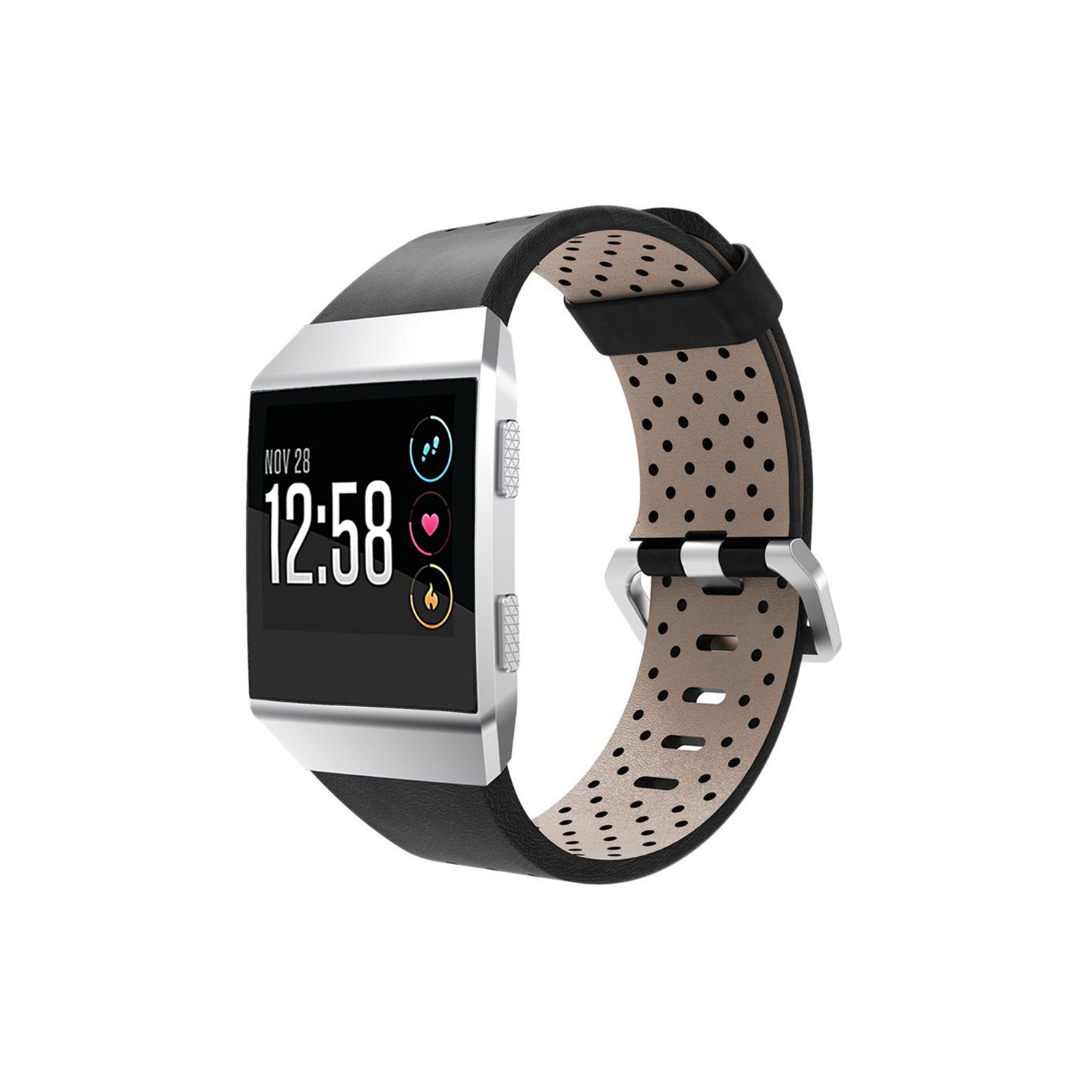 StrapsCo Perforated Genuine Leather Strap Band for Fitbit Ionic in Black