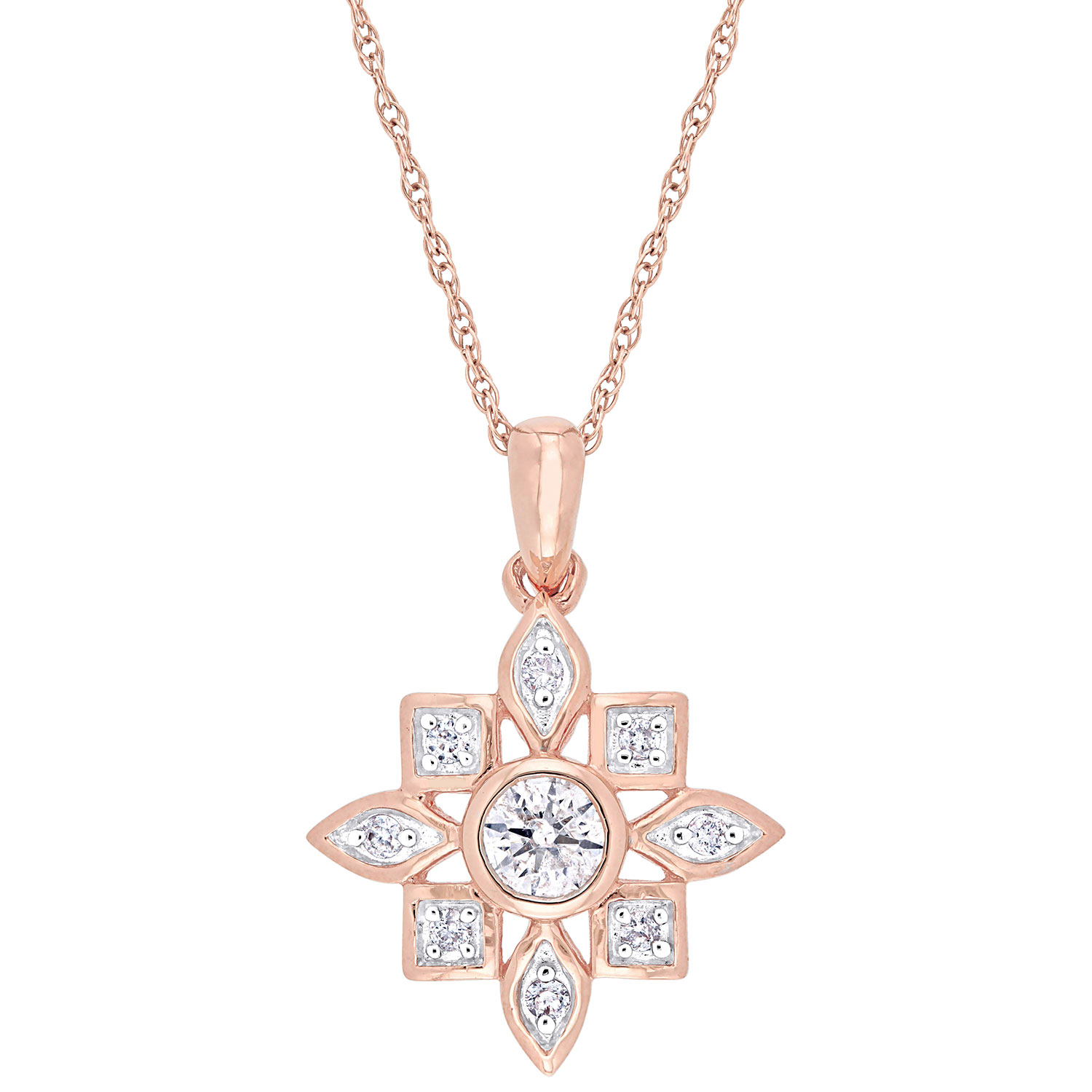 Chaîne en or rose de 17 po et pendentif floral en or rose de 10 ct avec diamants 0,33 ct