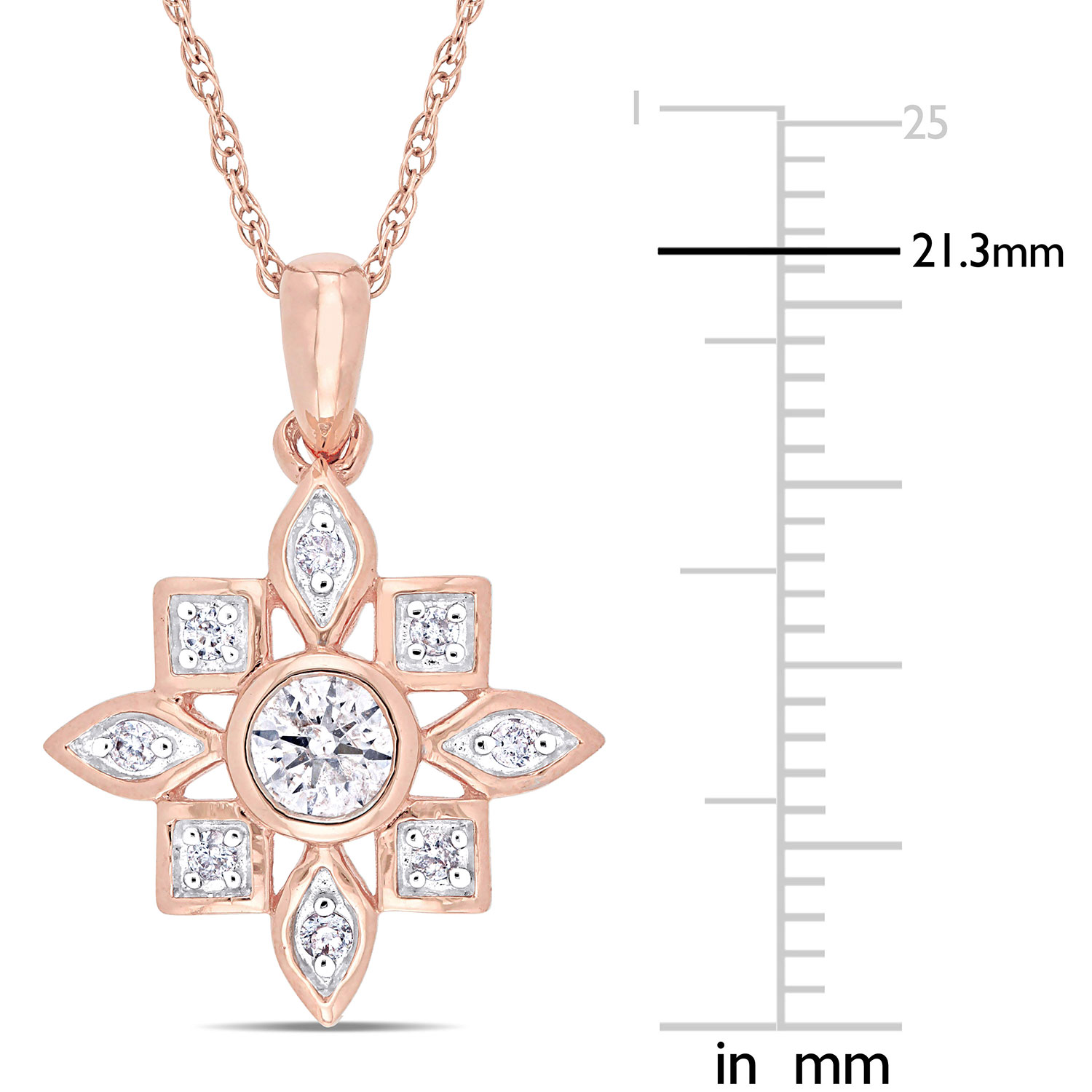 Chaîne en or rose de 17 po et pendentif floral en or rose de 10 ct avec diamants 0,33 ct