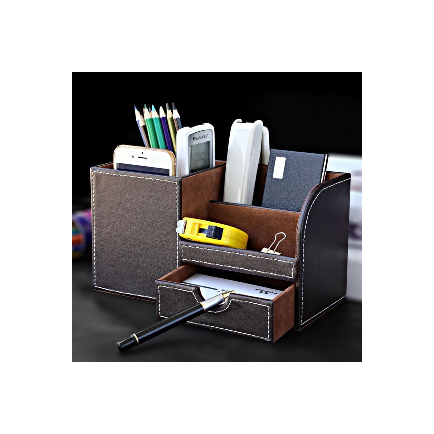 Leather Multi-function Desk Stationery Organizer Storage Box Pen/Pencil, Cell phone, Business Name Cards Remote Control Holder Colors - Brown