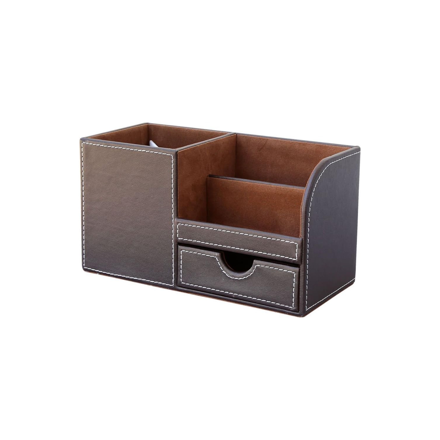 Leather Multi-function Desk Stationery Organizer Storage Box Pen/Pencil, Cell phone, Business Name Cards Remote Control Holder Colors - Brown