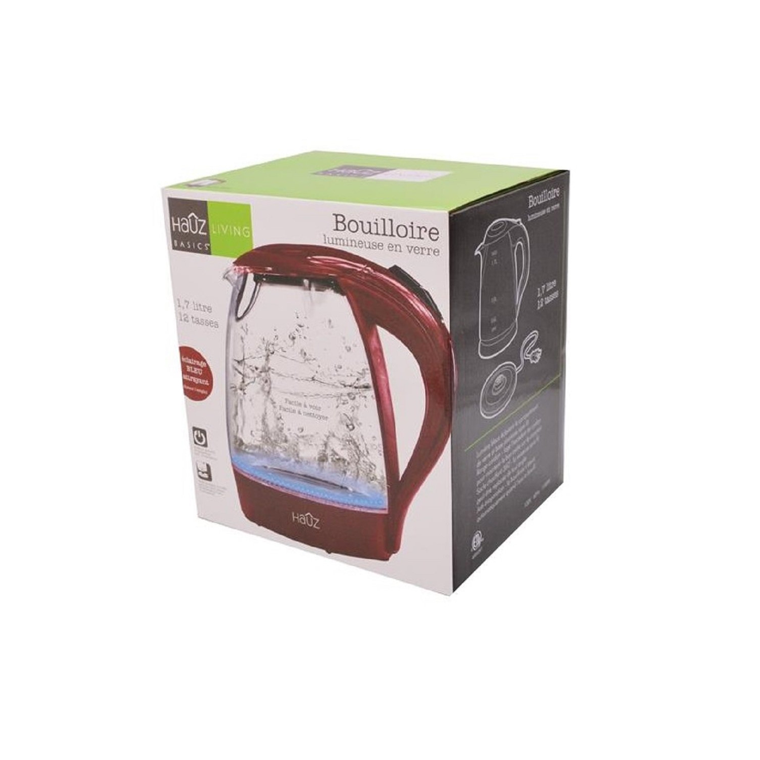 Hauz Blue LED Illuminated Red Glass Kettle 7 Cups 1.7 Liters