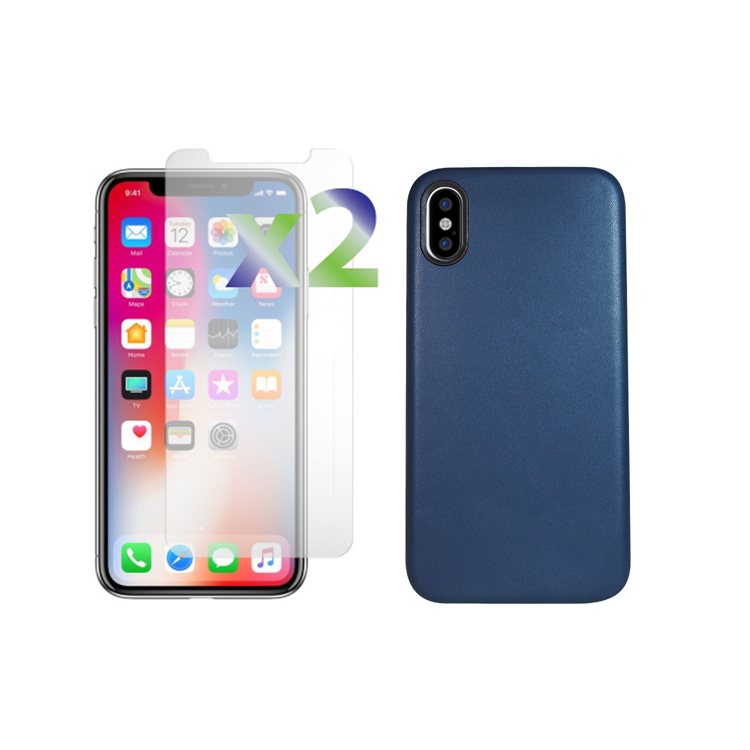 2 protecteurs d’écran d’Exian pour iPhone X et étui en TPUR avec fini en cuir bleu mat Touch