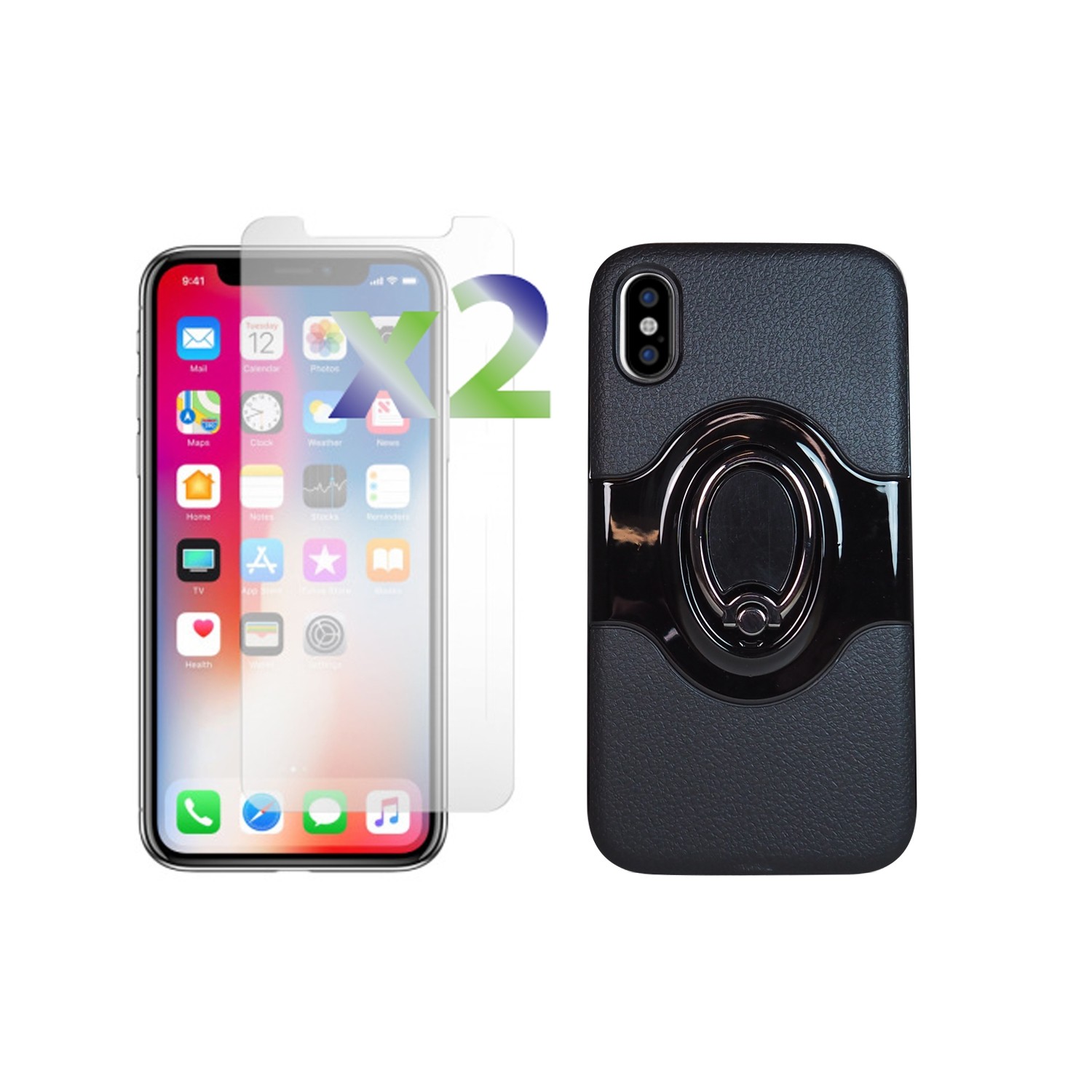 Exian iPhone X Screen Protectors x 2 and Armored Case with Metal Ring Holder/Stand, Built-In Magnetic Metal Black