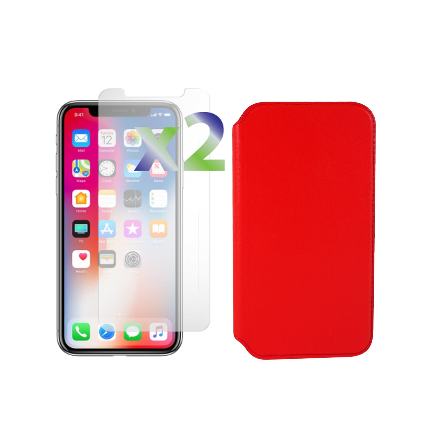 Exian iPhone X Screen Protectors x 2 and Real Leather Wallet with Card Slots Red