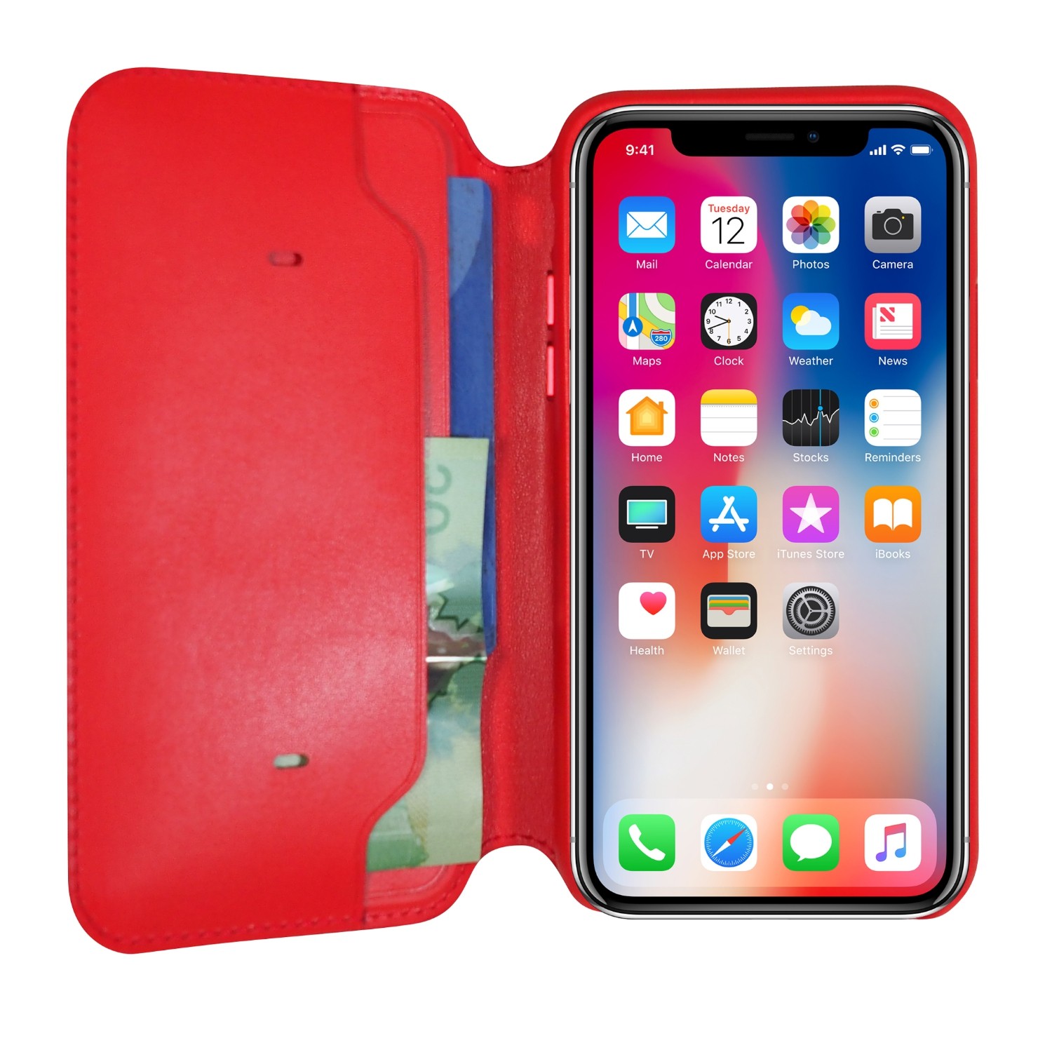 Exian iPhone X Screen Protectors x 2 and Real Leather Wallet with Card Slots Red