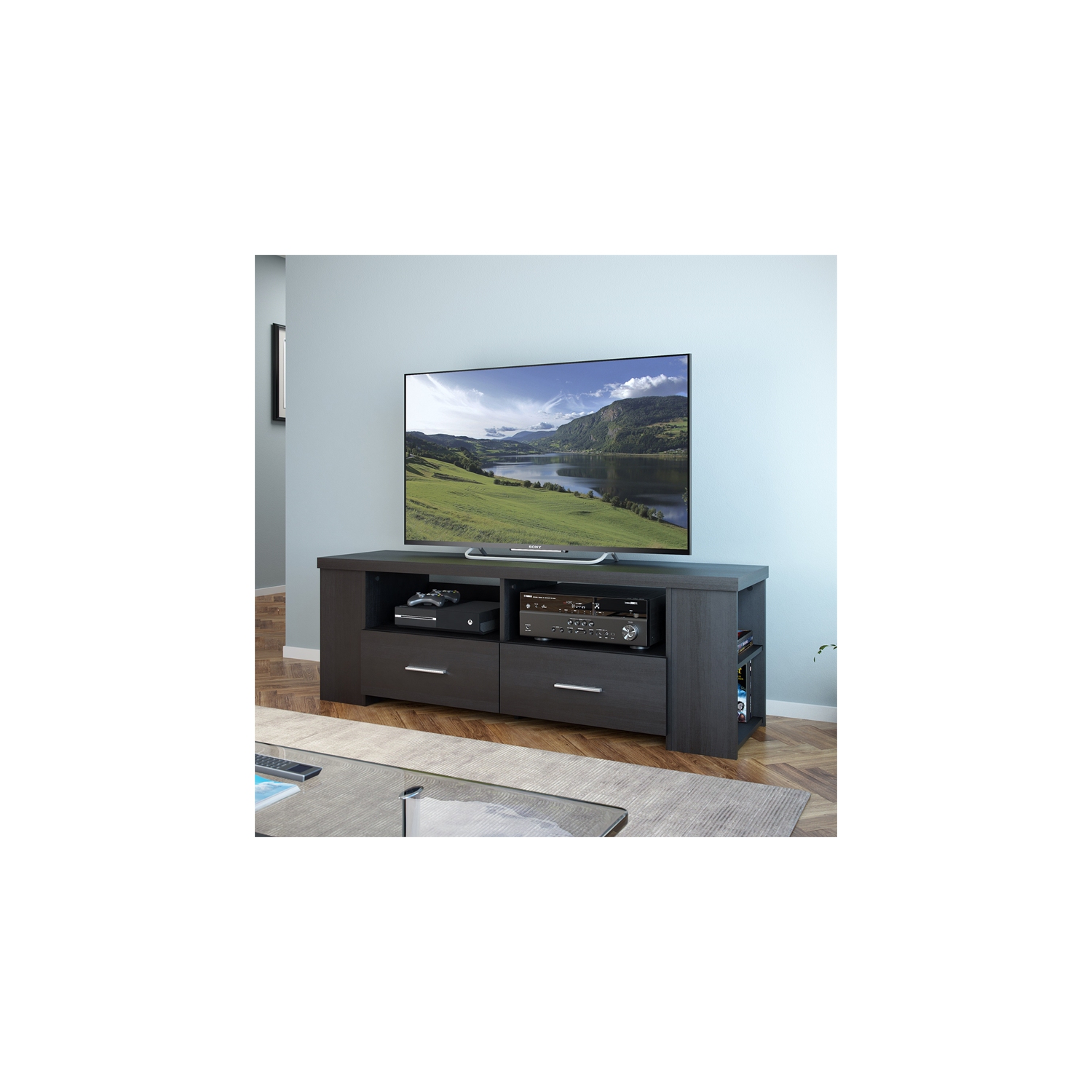 Meuble pour téléviseur noir Bromley Ravenwood de CorLiving pour téléviseurs de 75 po et moins