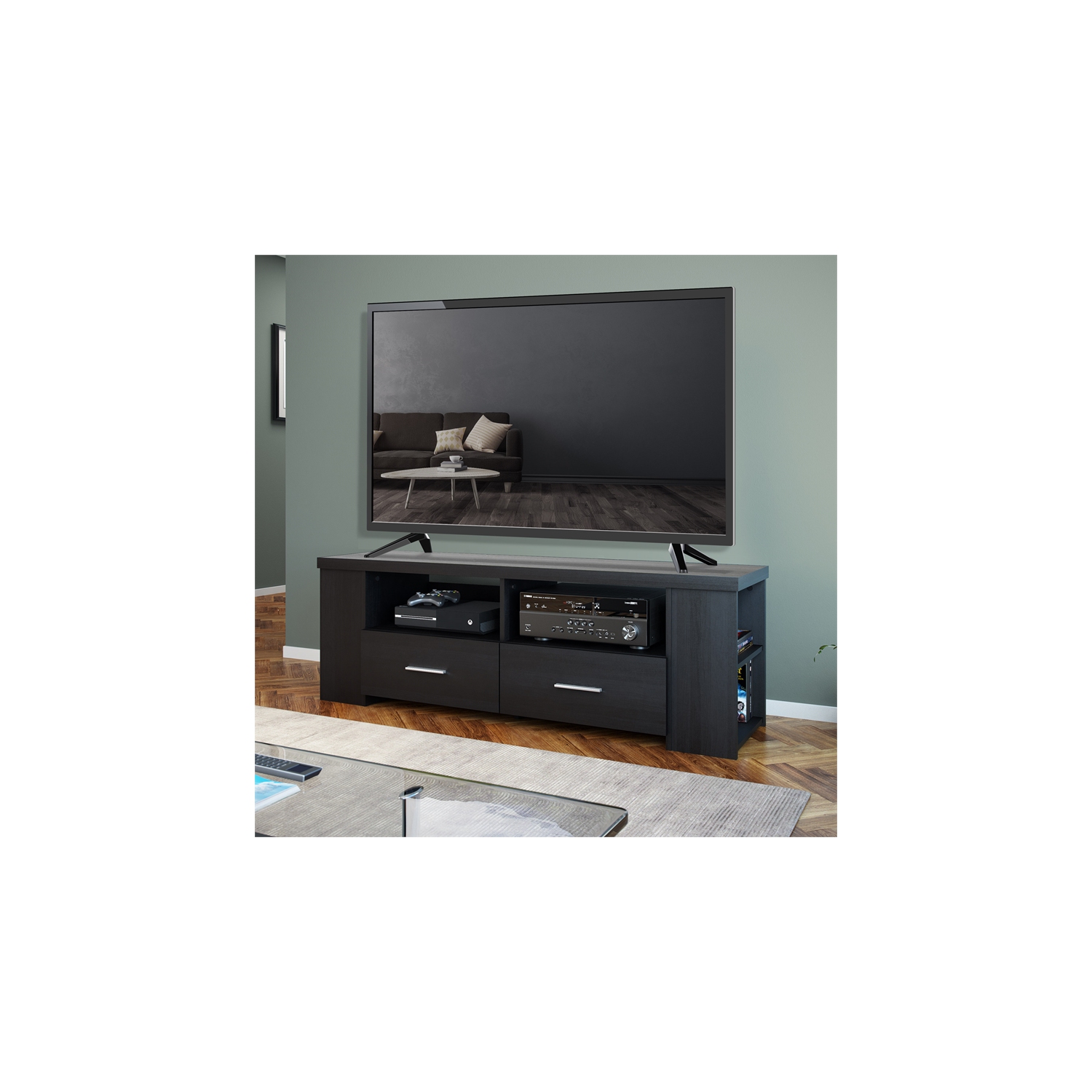 Meuble pour téléviseur noir Bromley Ravenwood de CorLiving pour téléviseurs de 75 po et moins