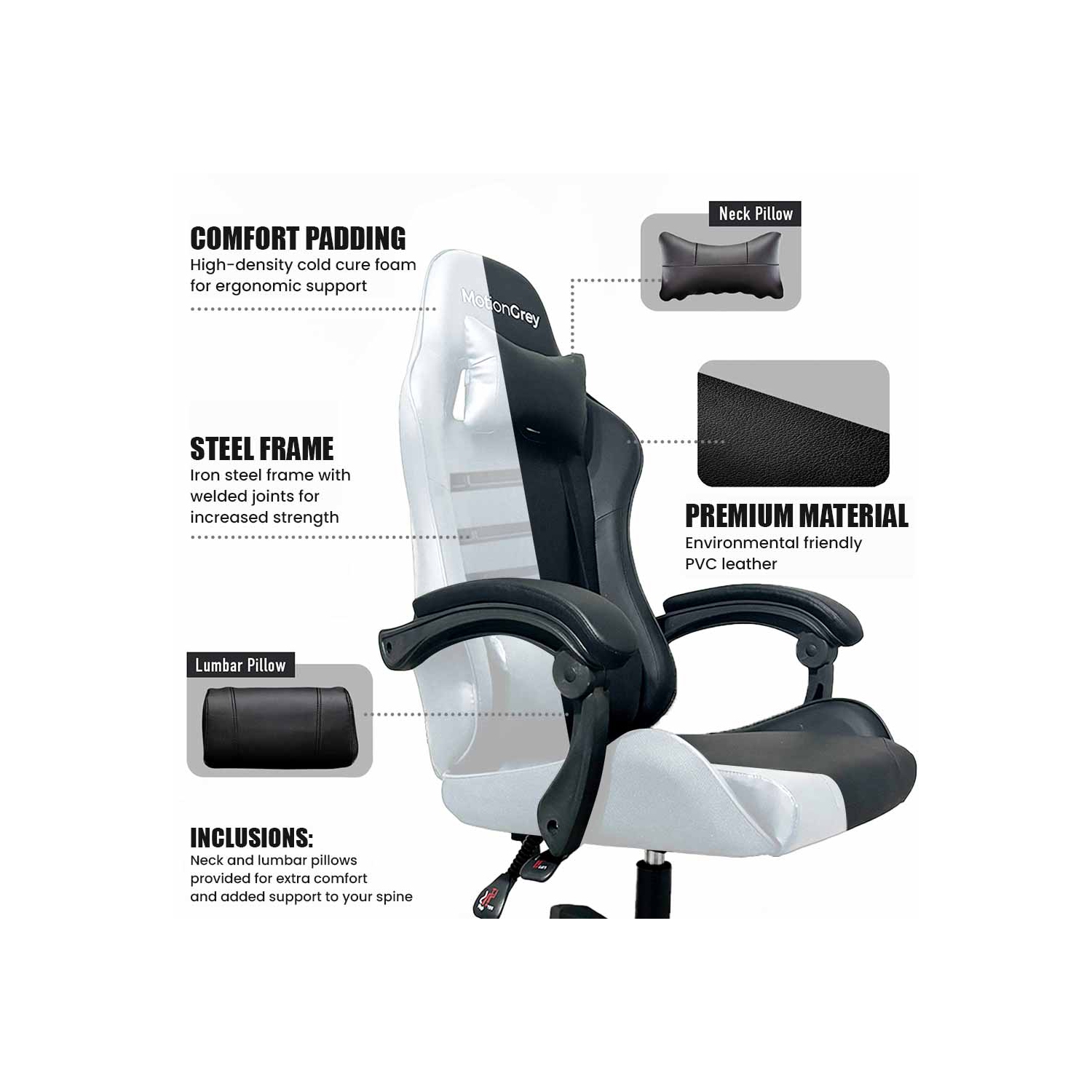 MotionGrey Executive Office Gaming Chair - Comfortable, Ergonomic, High Back, PU Leather, Reclining Executive Desk Chair with Height Adjustment,