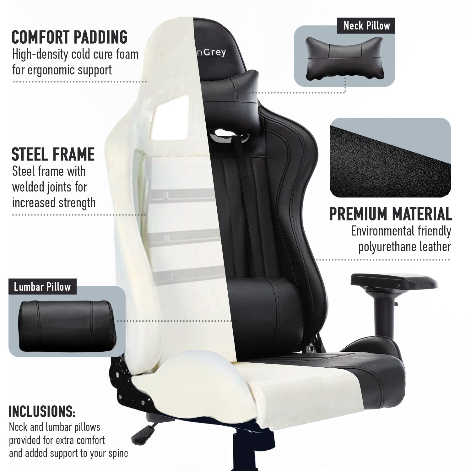 MotionGrey Executive Office Gaming Chair - Comfortable, Ergonomic, High Back, PU Leather, Reclining Executive Desk Chair with Height Adjustment,