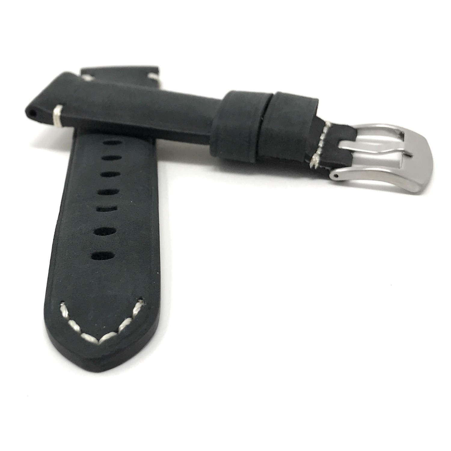 Bracelet noir rétro 24 mm pour montre, cuir véritable, coutures blanches, boucle en acier inoxydable