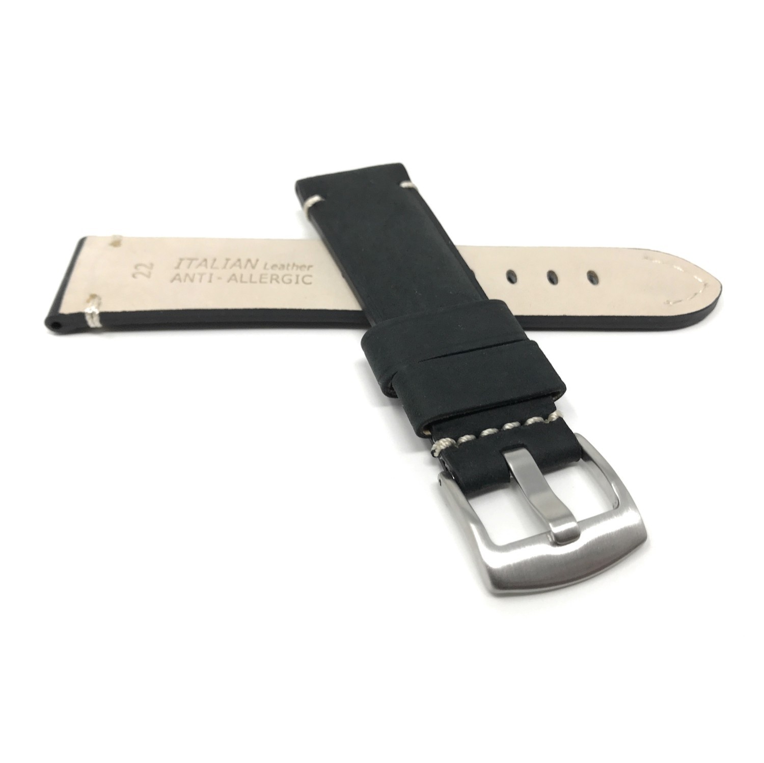 Bracelet noir rétro 24 mm pour montre, cuir véritable, coutures blanches, boucle en acier inoxydable
