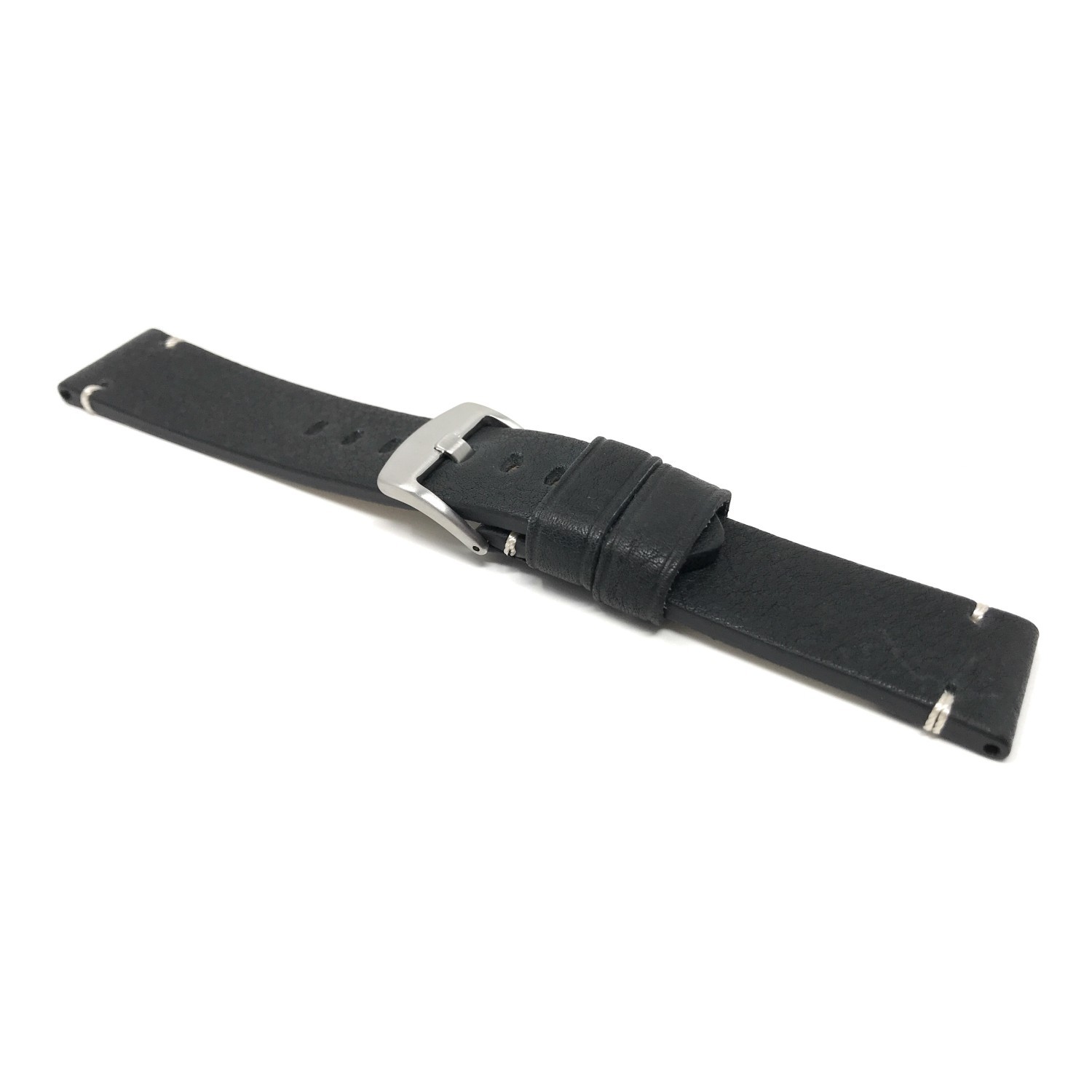 24mm Black Vintage Watch Band Strap, Genuine Leather, Minimal Stitch, Stainless Steel Buckle
