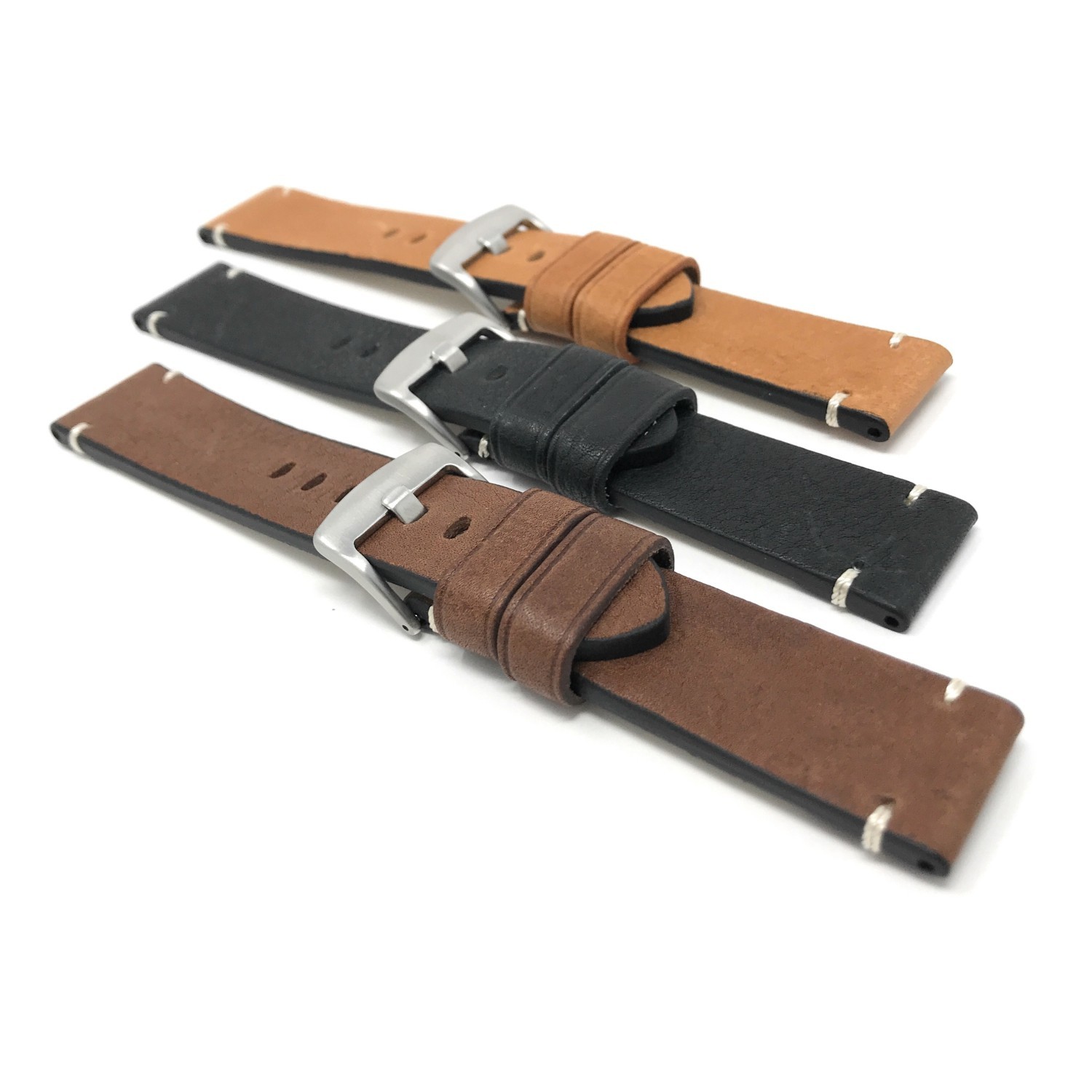 24mm Black Vintage Watch Band Strap, Genuine Leather, Minimal Stitch, Stainless Steel Buckle
