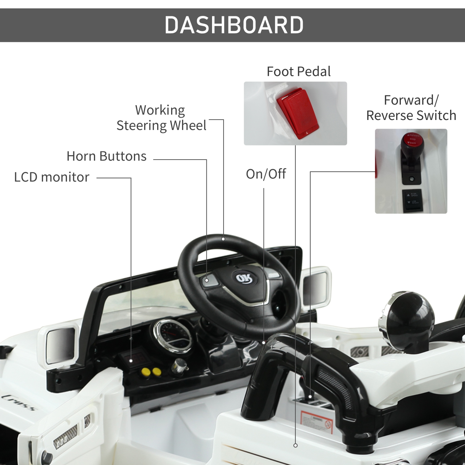 Aosom 12V Kids Electric Ride On Car Toy Truck with Remote Control 2 Speeds Lights MP3 LCD Power Indicator, White