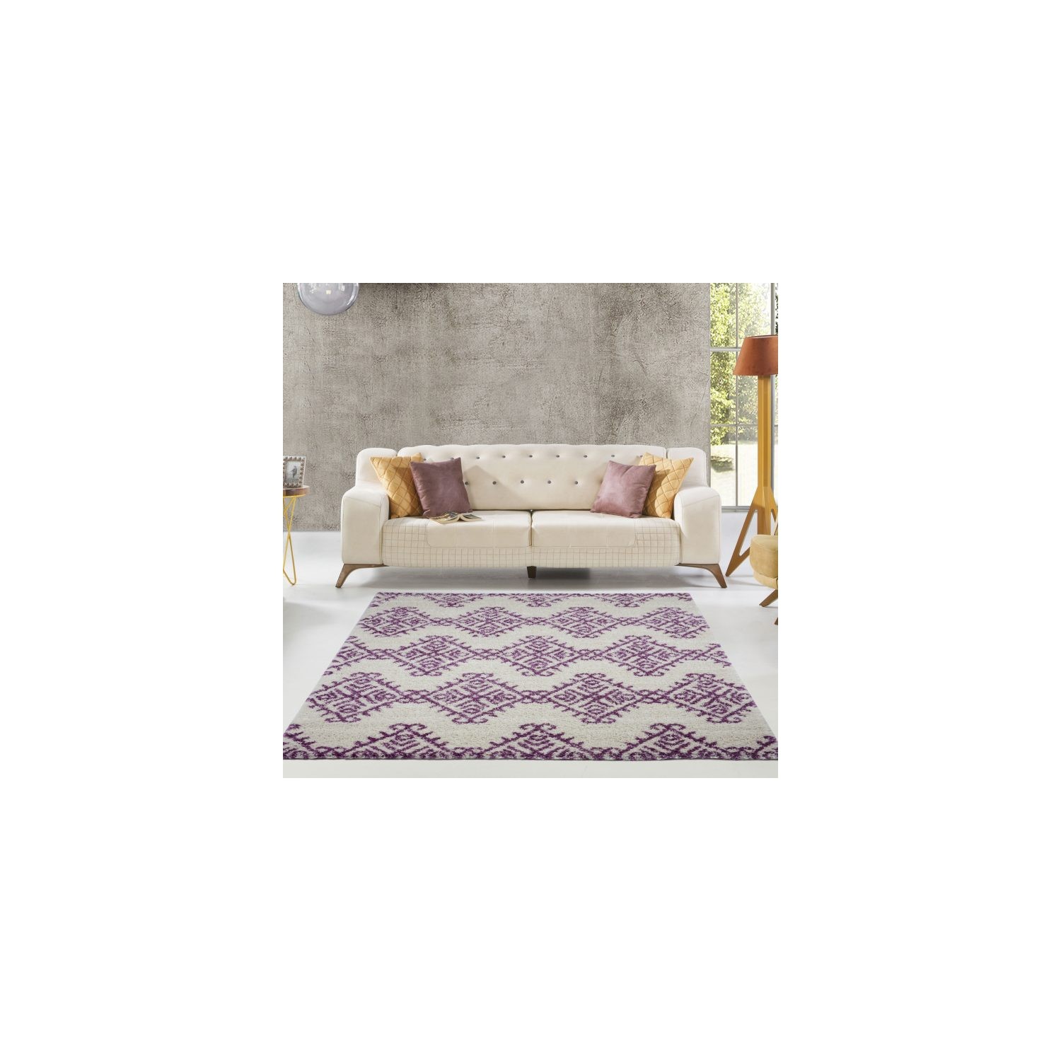 Oriental Shaggy Ivory Purple Area Rug 5'2" x 7' 5"