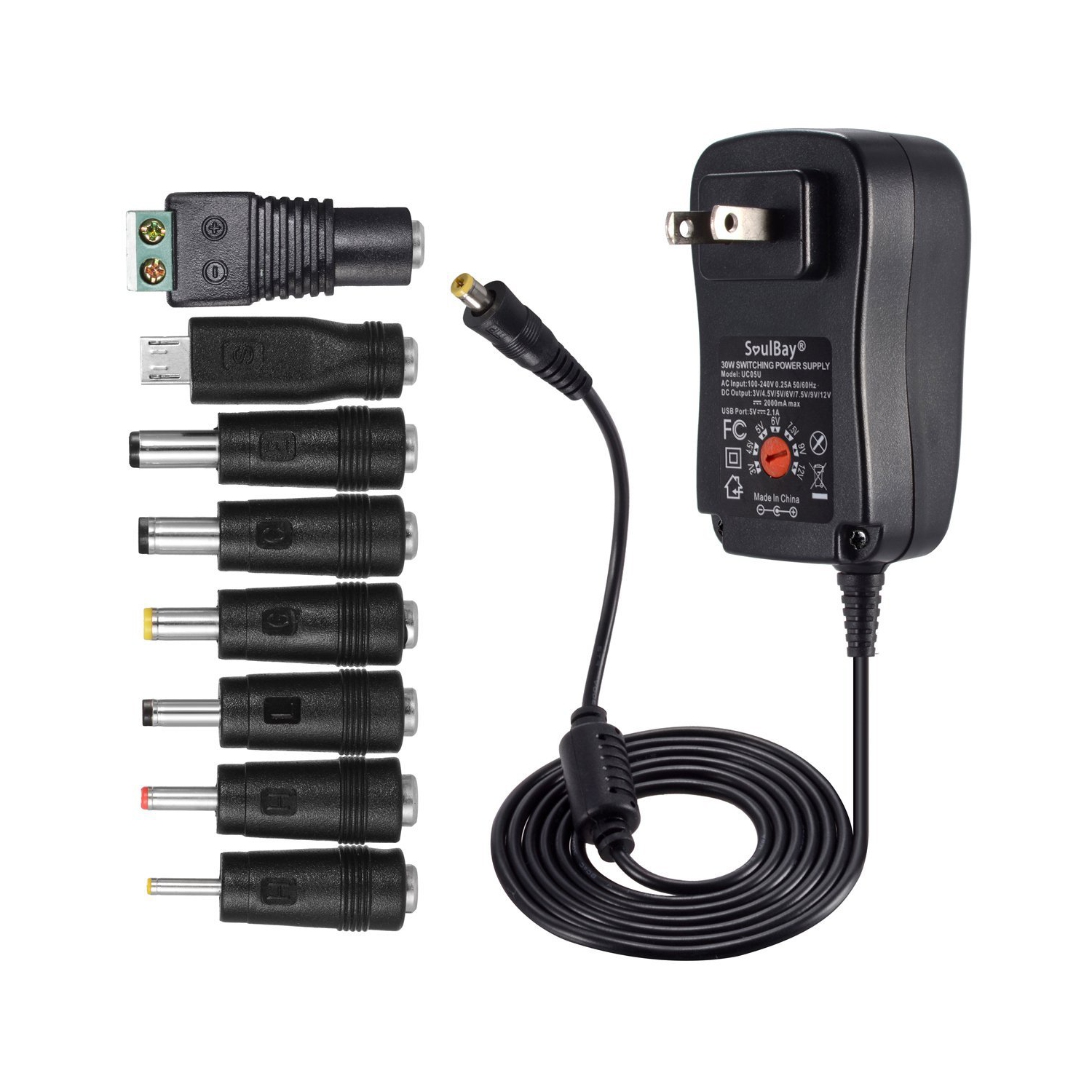 HYFAI Universal AC/DC Power Adapter (3V-12V 30W / 8 Selectable Tops / 5V 2.1A USB Port)