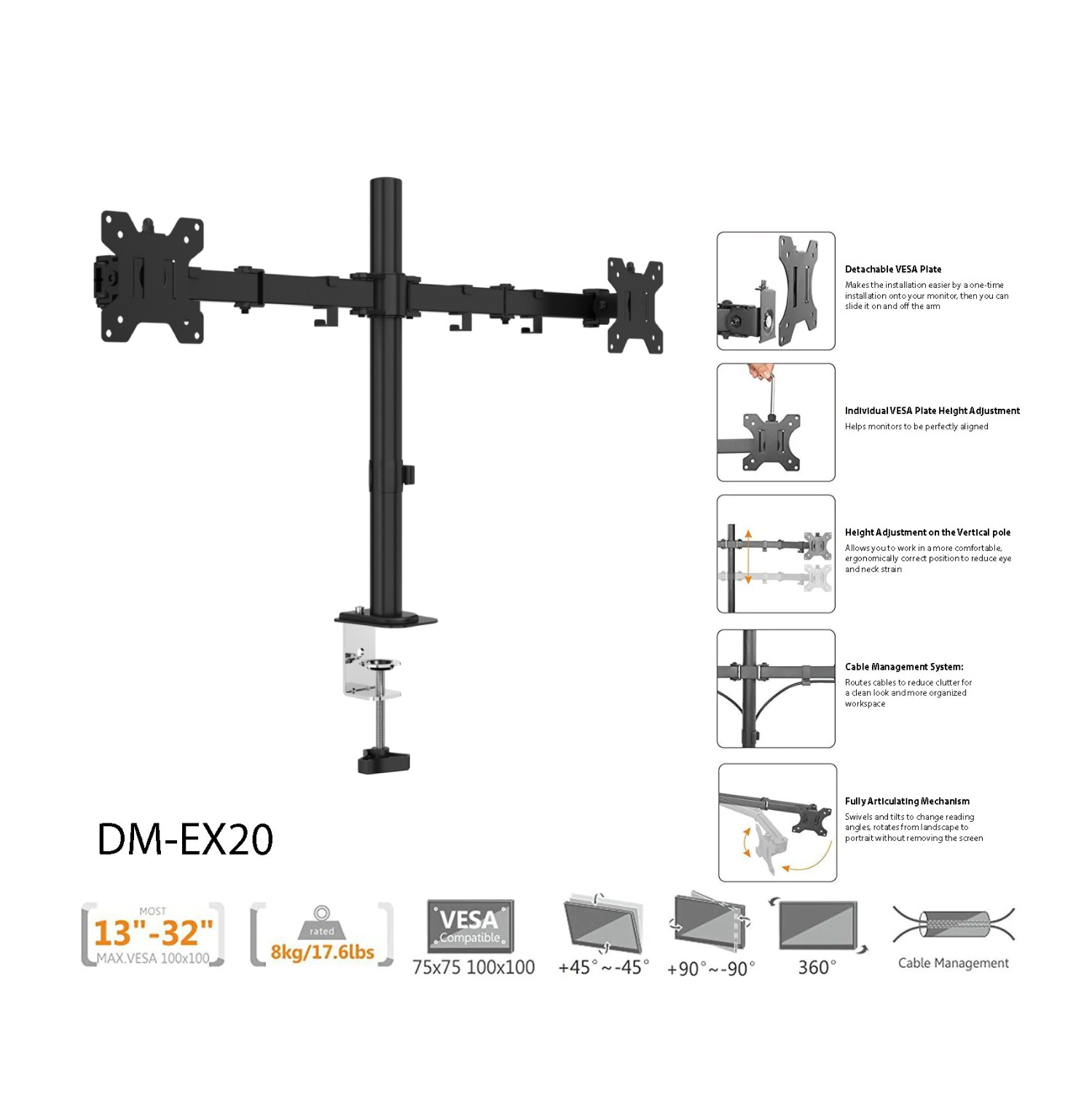Support de bureau universel à deux bras DM-EX20ii de Boost Industries pour écran de 13 à 32&nbsp;po