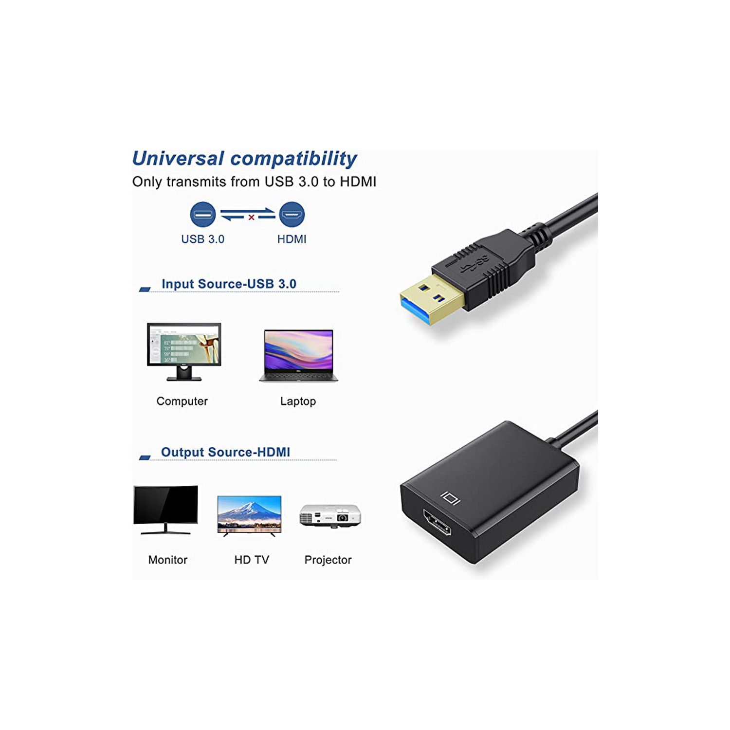 Cablelera Adaptateur USB vers HDMI, USB 3.0/2.0 vers HDMI Audio Vidéo Vidéo  HD 1080P Convertisseur pour PC, Ordinateur Portable HDTV Compatible avec