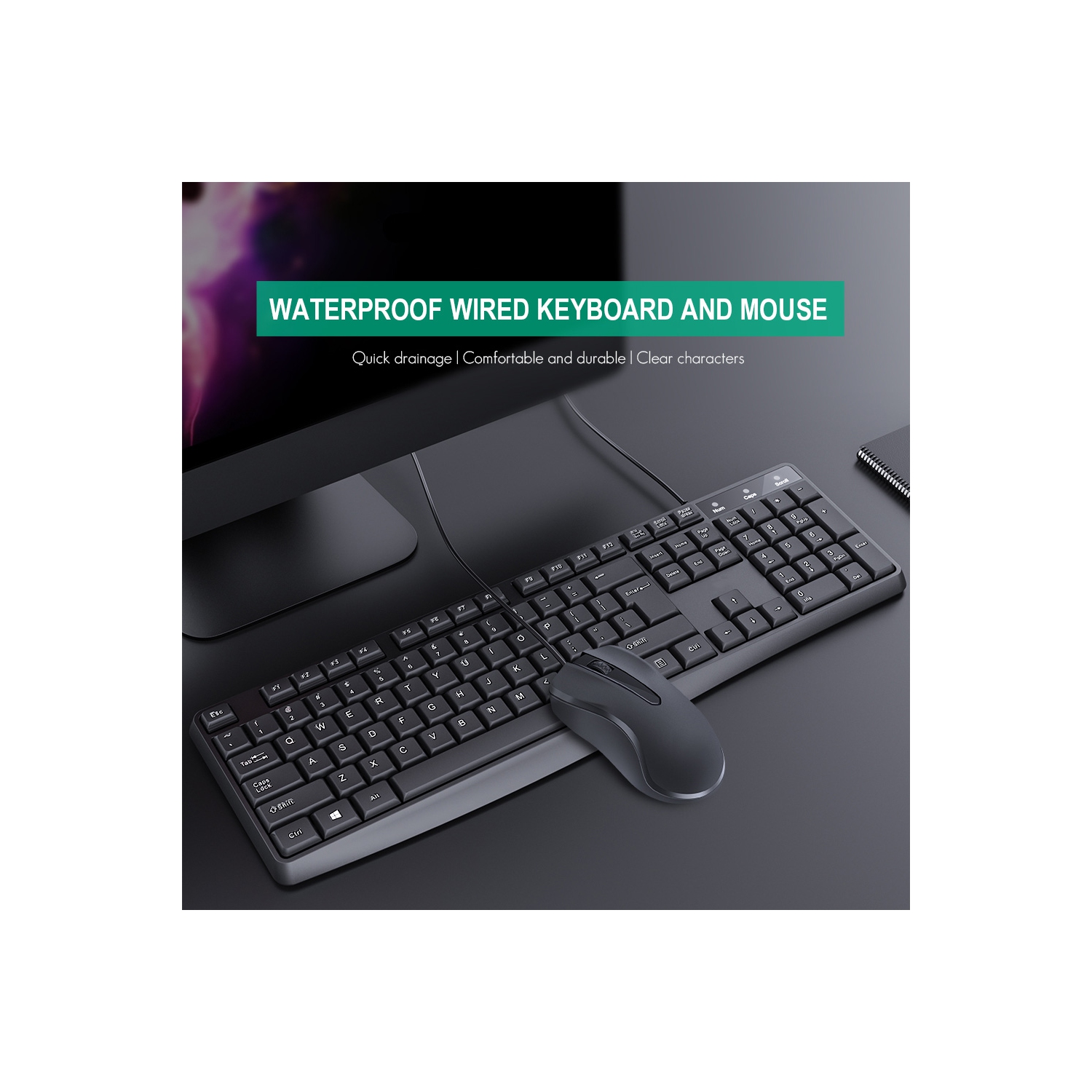 USB Wired Keyboard Full Sized Water Spill Resistant Black - axGear