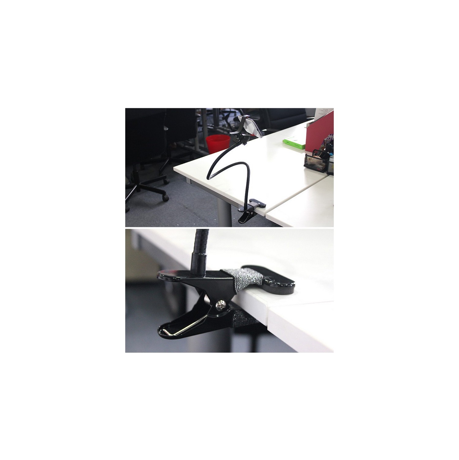 Support rotatif 360° pour Téléphone et Tablette de 4,7 à 12,9 pouces avec  bras long flexible avec pince pour lit, table, bureau …. Noir -  Coquediscount